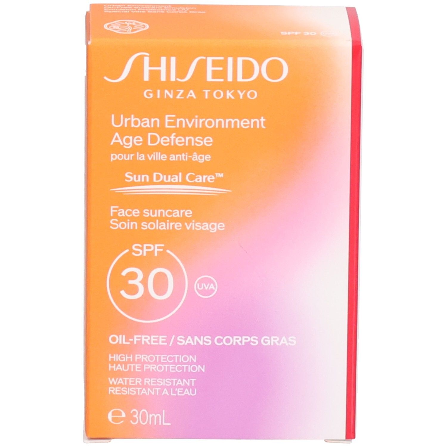 Boîte de l'émulsion Shiseido Urban Environment Age Defense Sun Dual Care SPF 30.