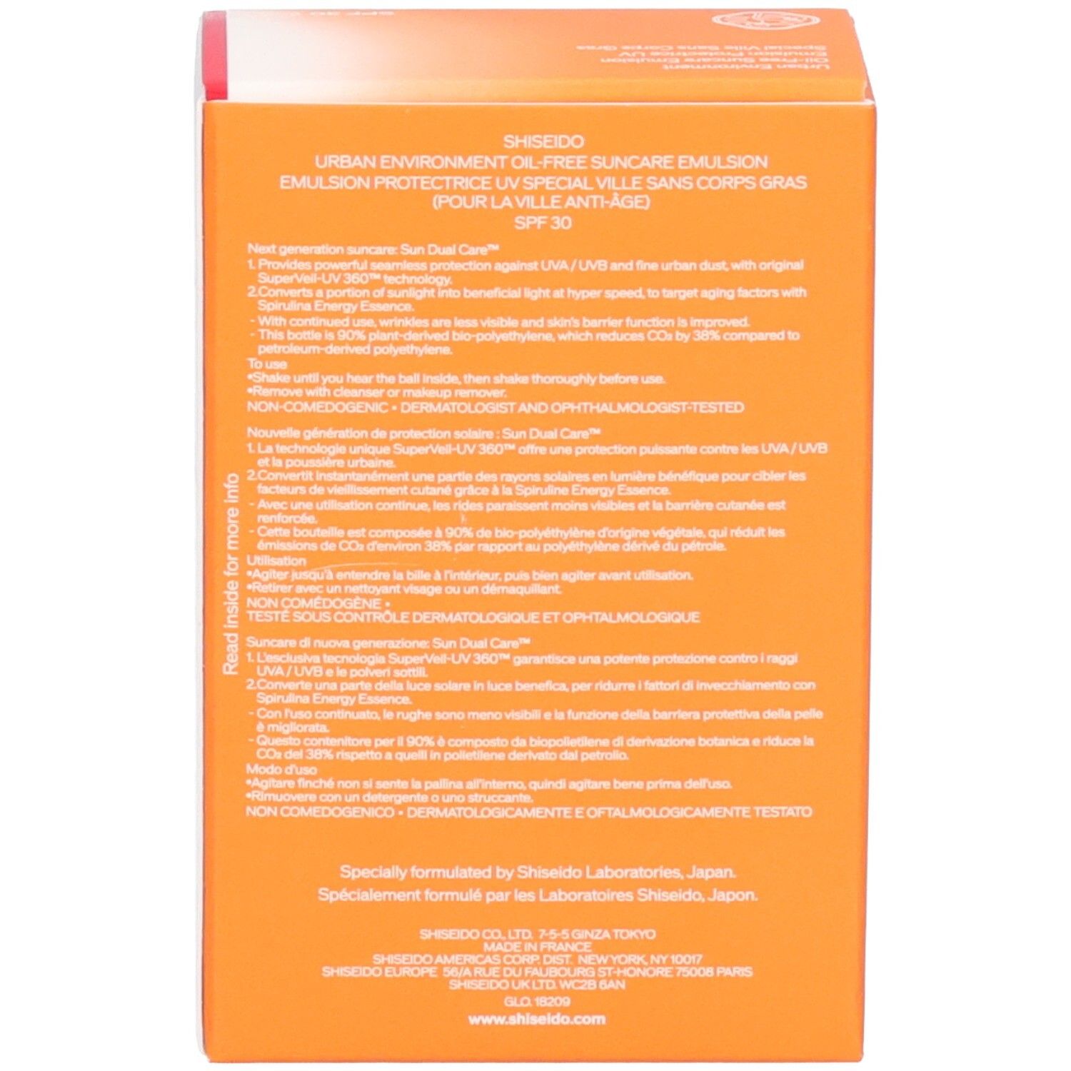 Vue latérale de la boîte Shiseido Urban Environment Age Defense Sun Dual Care.