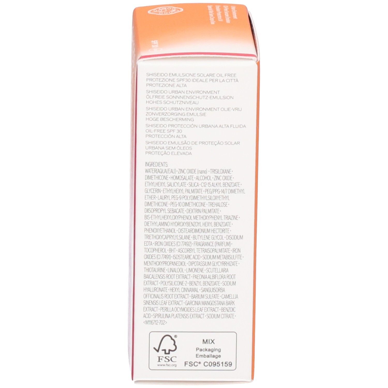 Arrière de la boîte Shiseido Urban Environment Age Defense Sun Dual Care.
