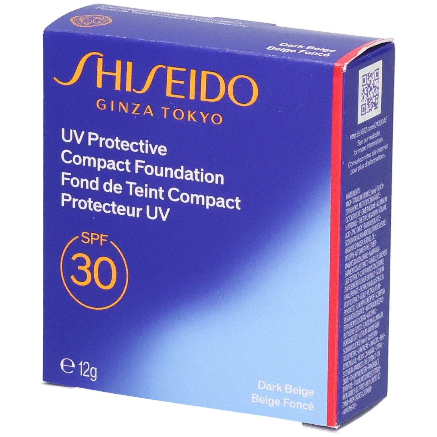Shiseido UV Protective Compact Foundation SPF 30, Dark Beige. Boîte en carton avec informations produit.