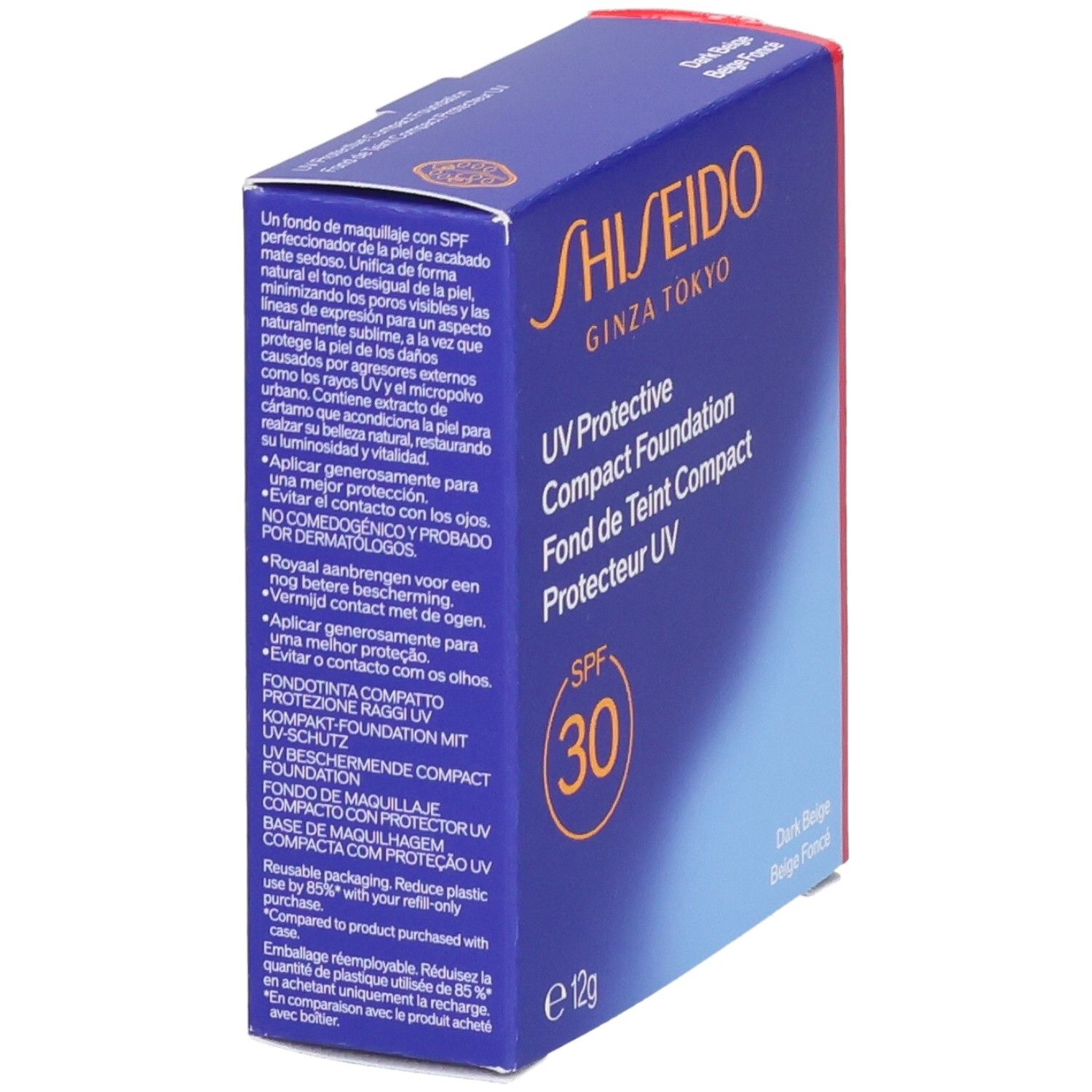 Shiseido UV Protective Compact Foundation SPF 30, Dark Beige. Boîte en carton ouverte avec descriptions détaillées du produit.