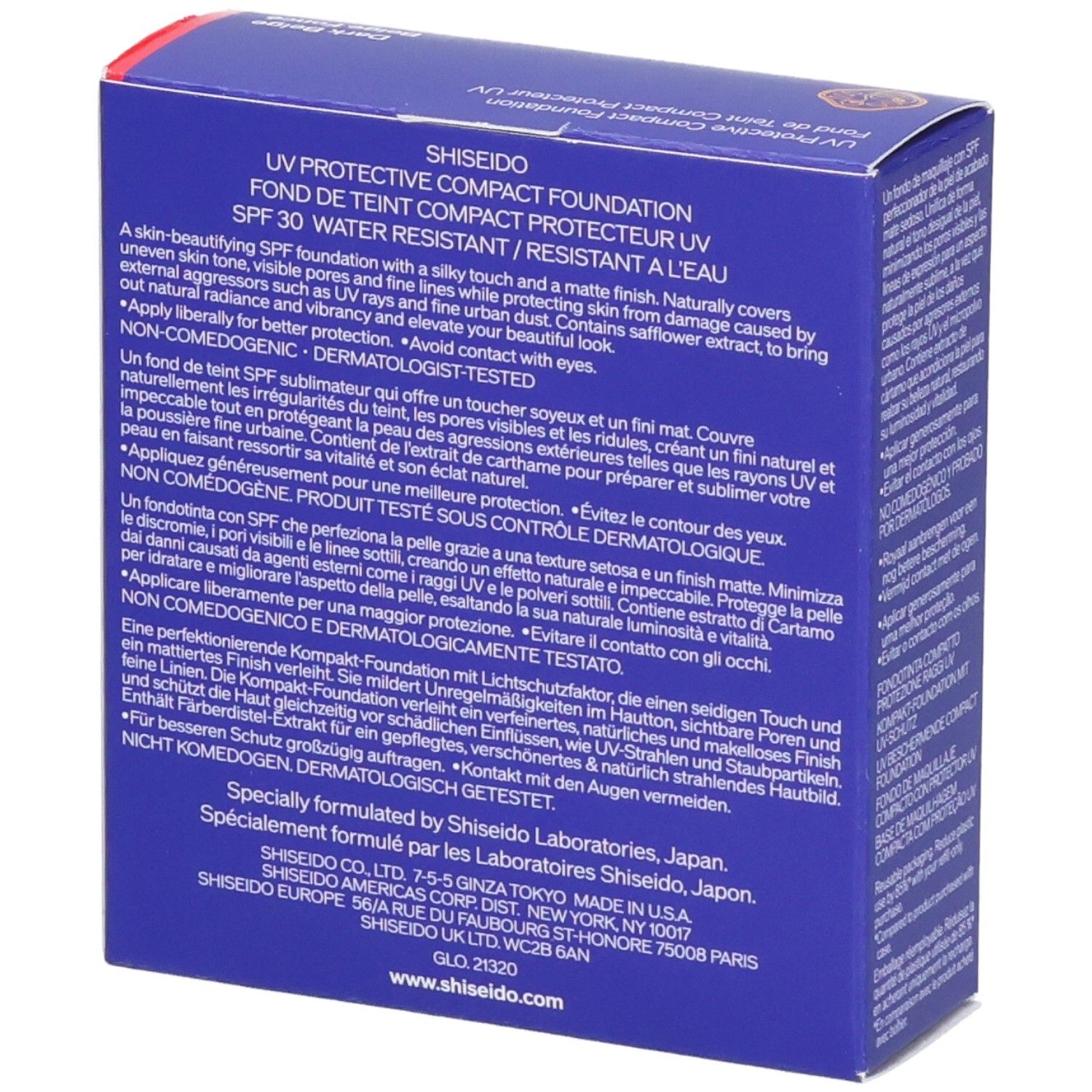 Shiseido UV Protective Compact Foundation SPF 30, Dark Beige. Arrière de la boîte en carton avec ingrédients et instructions.