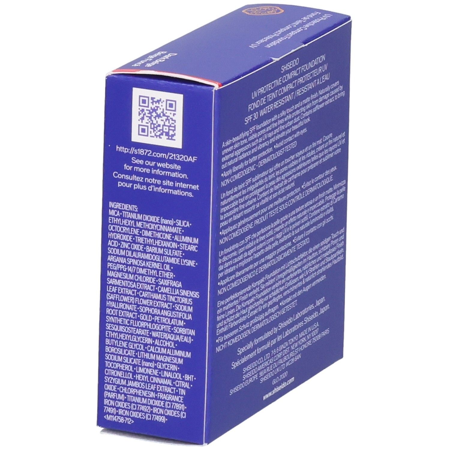 Shiseido UV Protective Compact Foundation SPF 30, Dark Beige. Côté de la boîte en carton avec QR code et liste des ingrédients.
