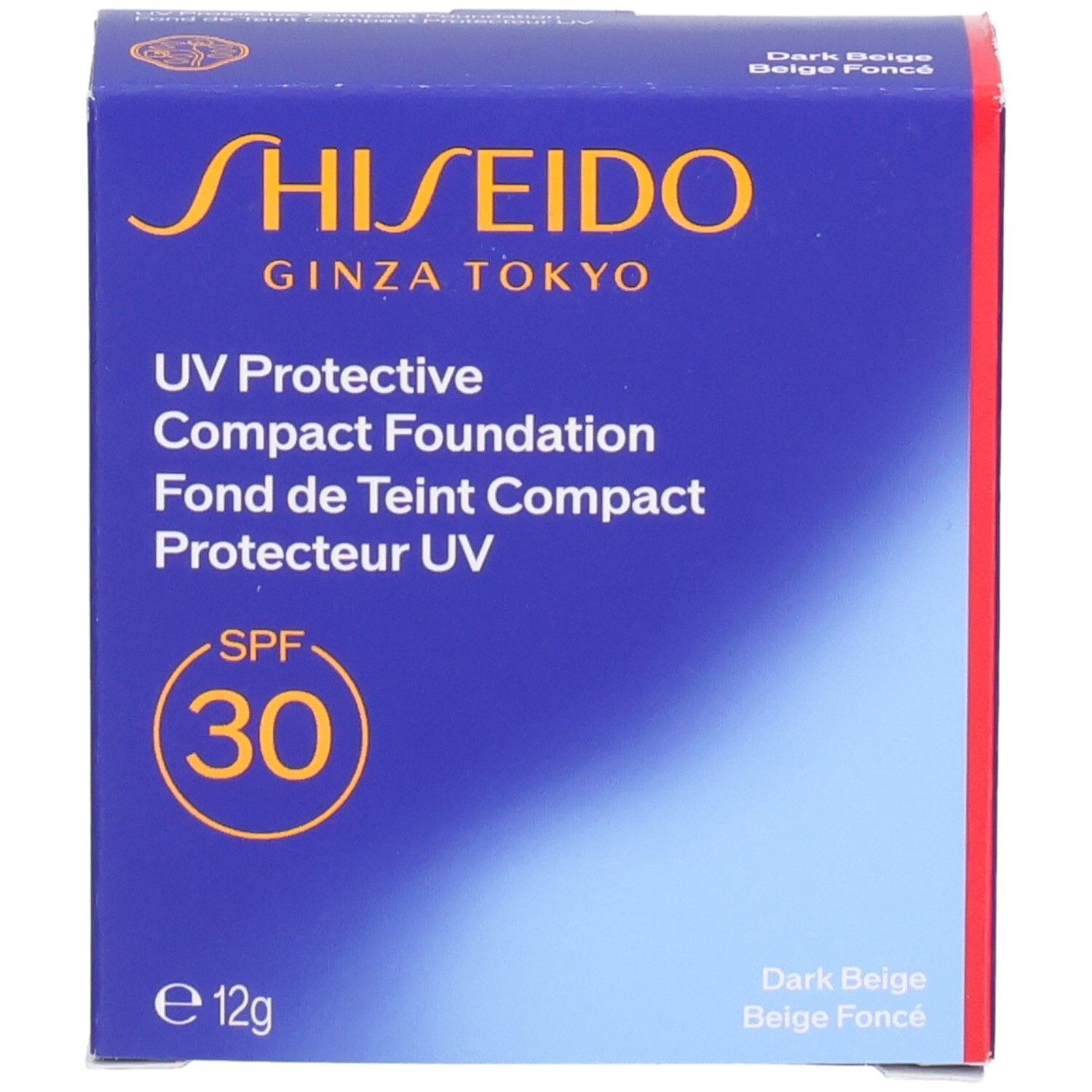 Shiseido UV Protective Compact Foundation SPF 30, Dark Beige. Face avant de la boîte en carton avec logo et indication SPF 30.