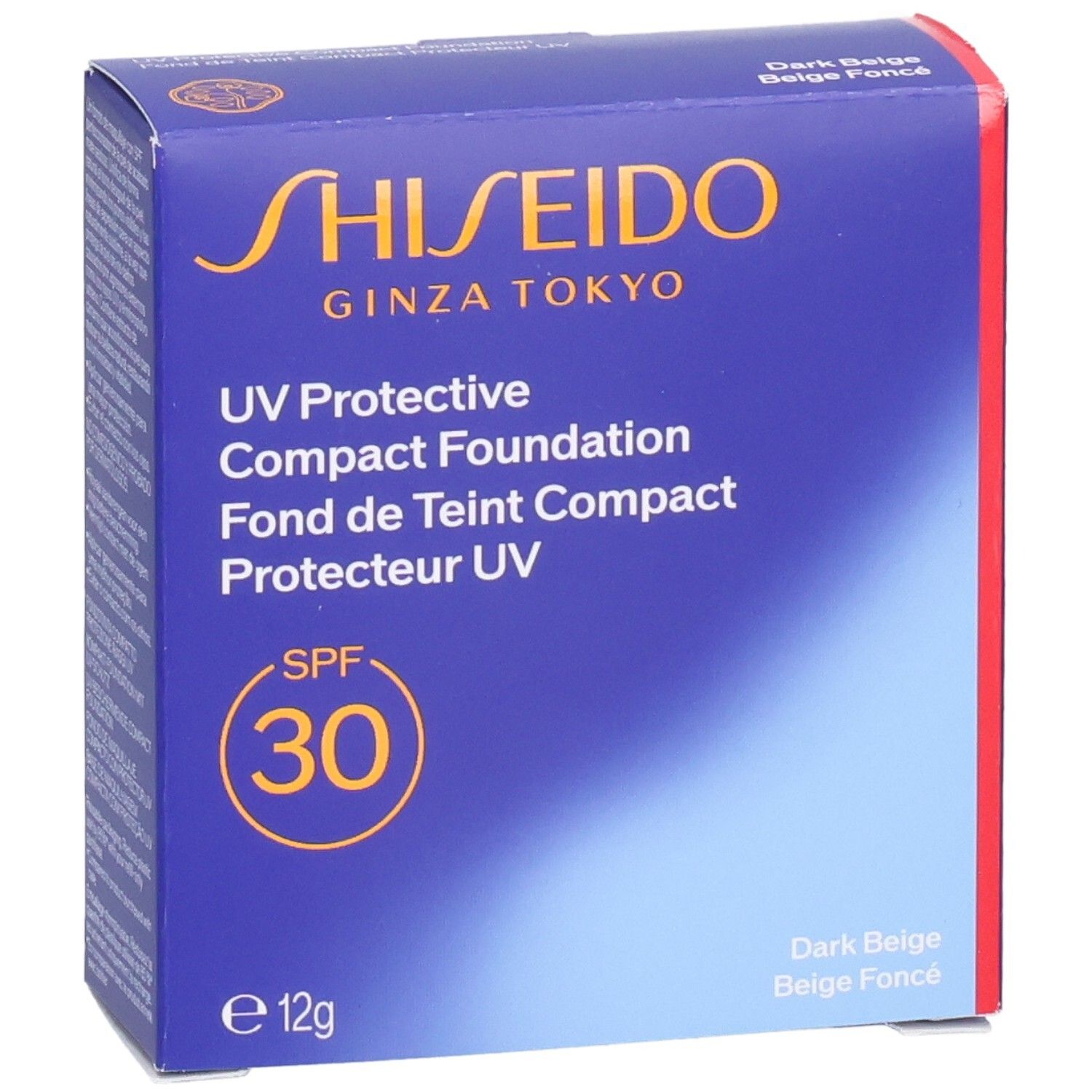 Shiseido UV Protective Compact Foundation SPF 30, Dark Beige. Face avant de la boîte en carton avec logo et indication SPF 30.