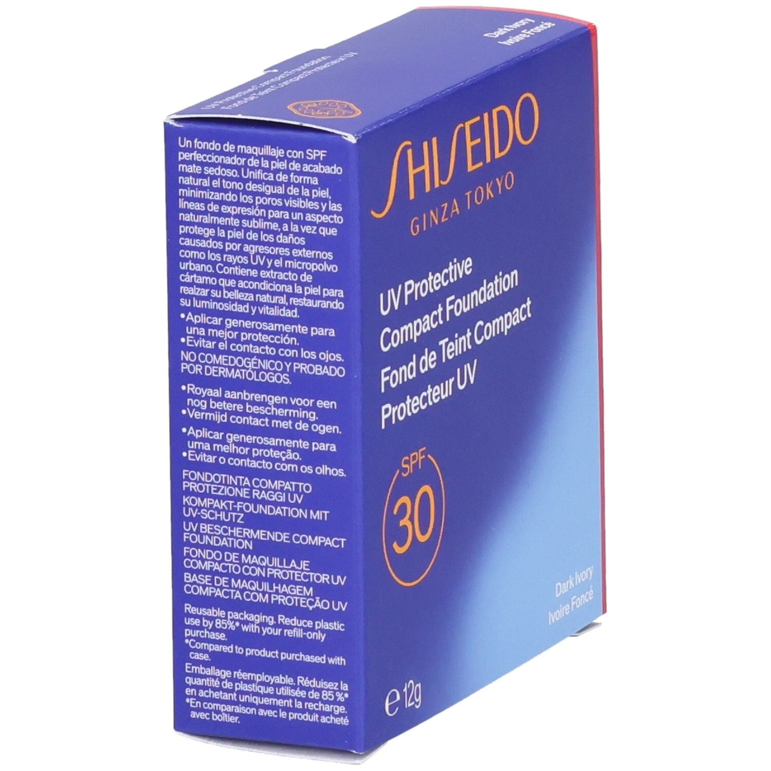 Shiseido UV Protective Compact Foundation, SPF 30, 12g, Ivoire Foncé. Boîte avec texte multilingue.
