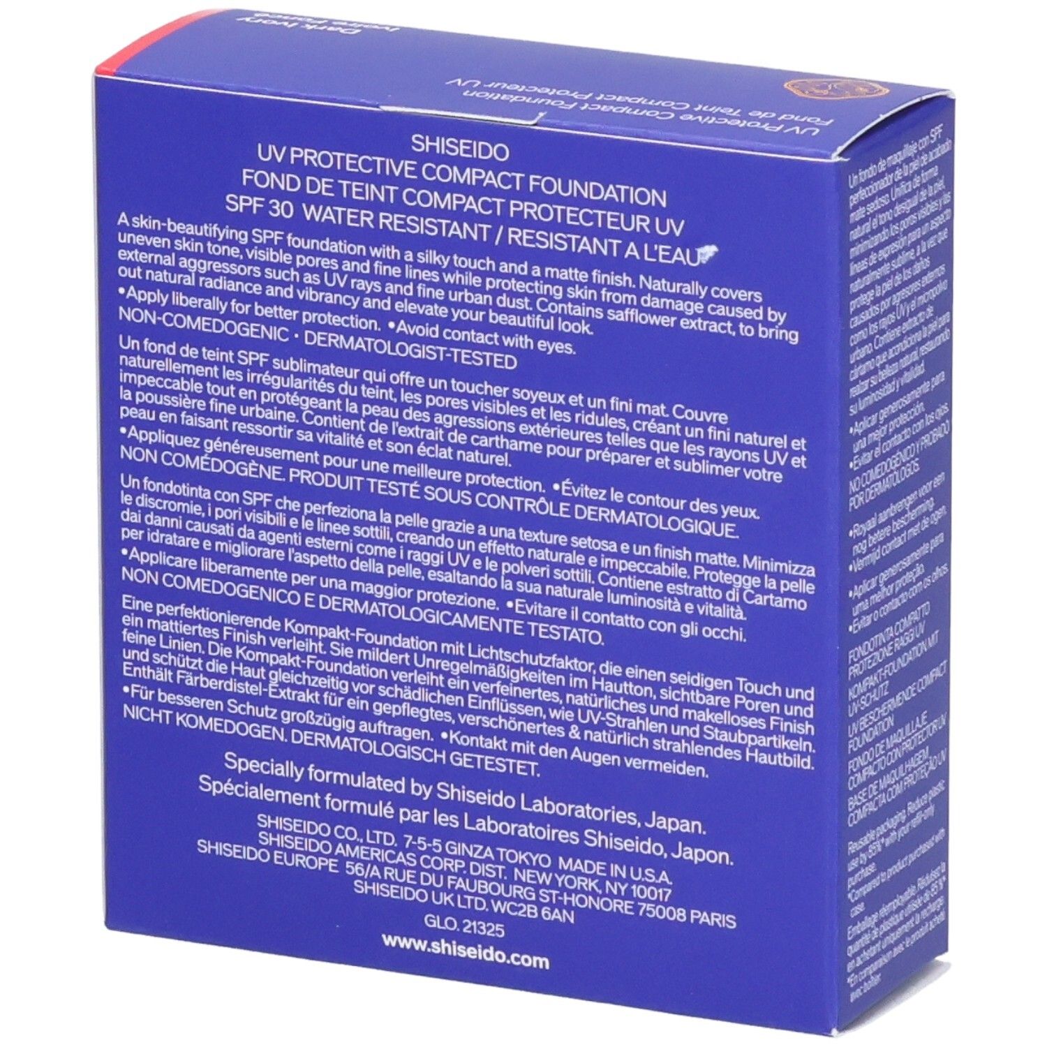 Shiseido UV Protective Compact Foundation, SPF 30, 12g, Ivoire Foncé. Boîte avec ingrédients et informations d'utilisation.