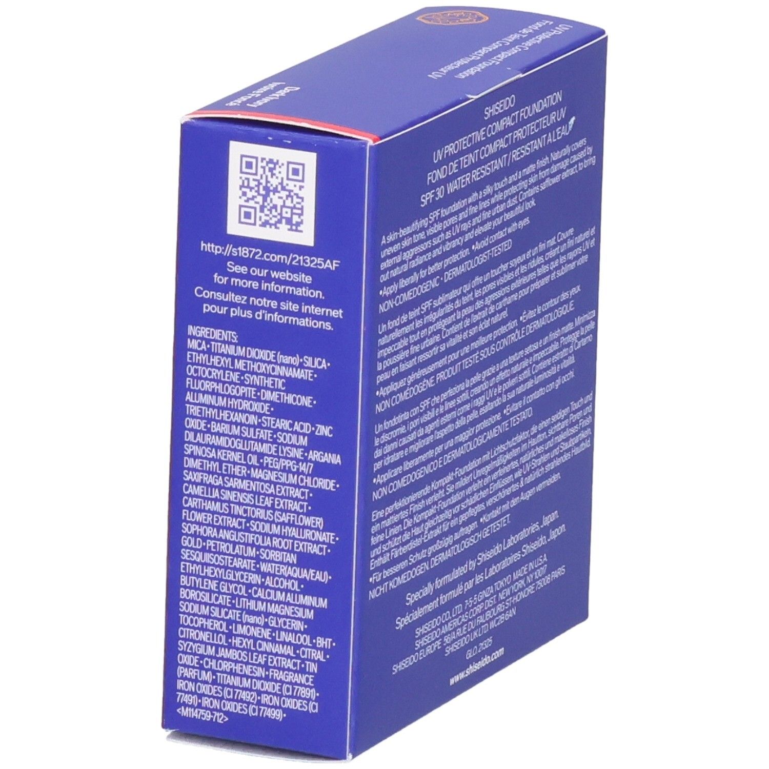 Shiseido UV Protective Compact Foundation, SPF 30, 12g, Ivoire Foncé. Boîte avec liste d'ingrédients.