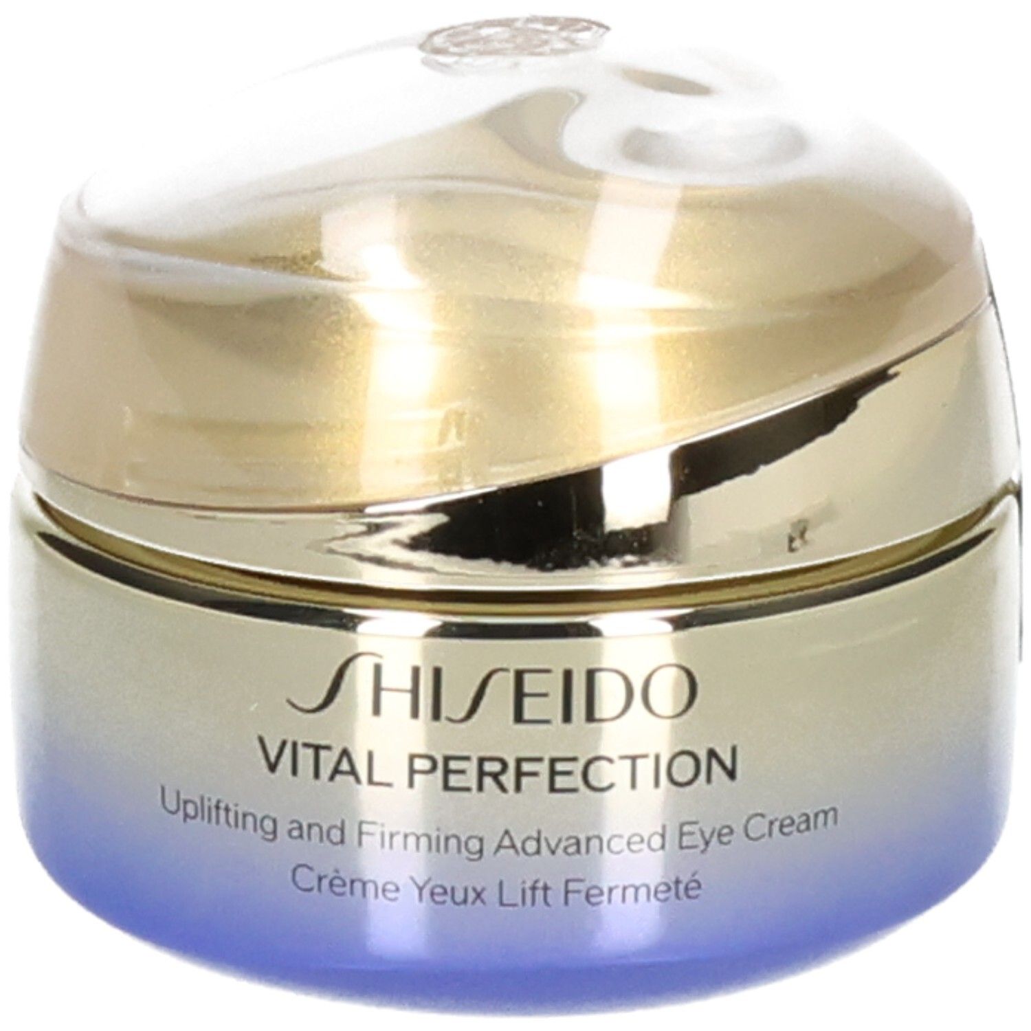 Pot Shiseido Vital Perfection pour les yeux, couvercle doré, corps dégradé bleu.