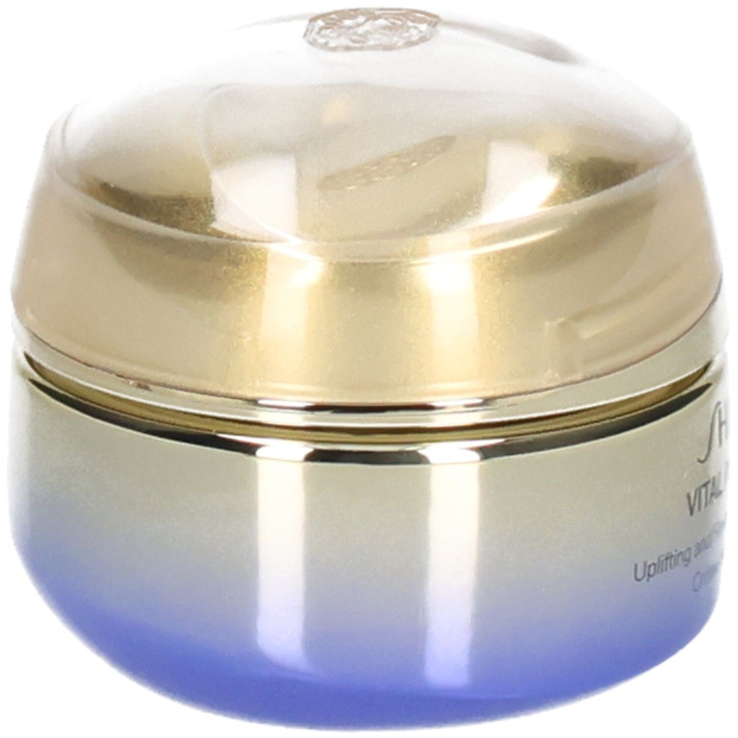 Pot Shiseido Vital Perfection pour les yeux, vue latérale, couvercle doré, corps dégradé bleu.