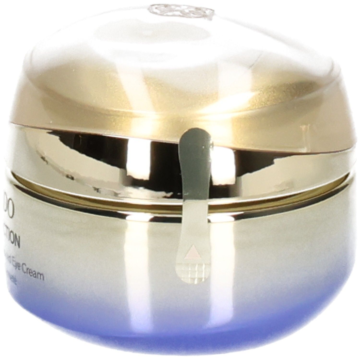 Pot Shiseido Vital Perfection pour les yeux, avec sceau, couvercle doré, corps dégradé bleu.