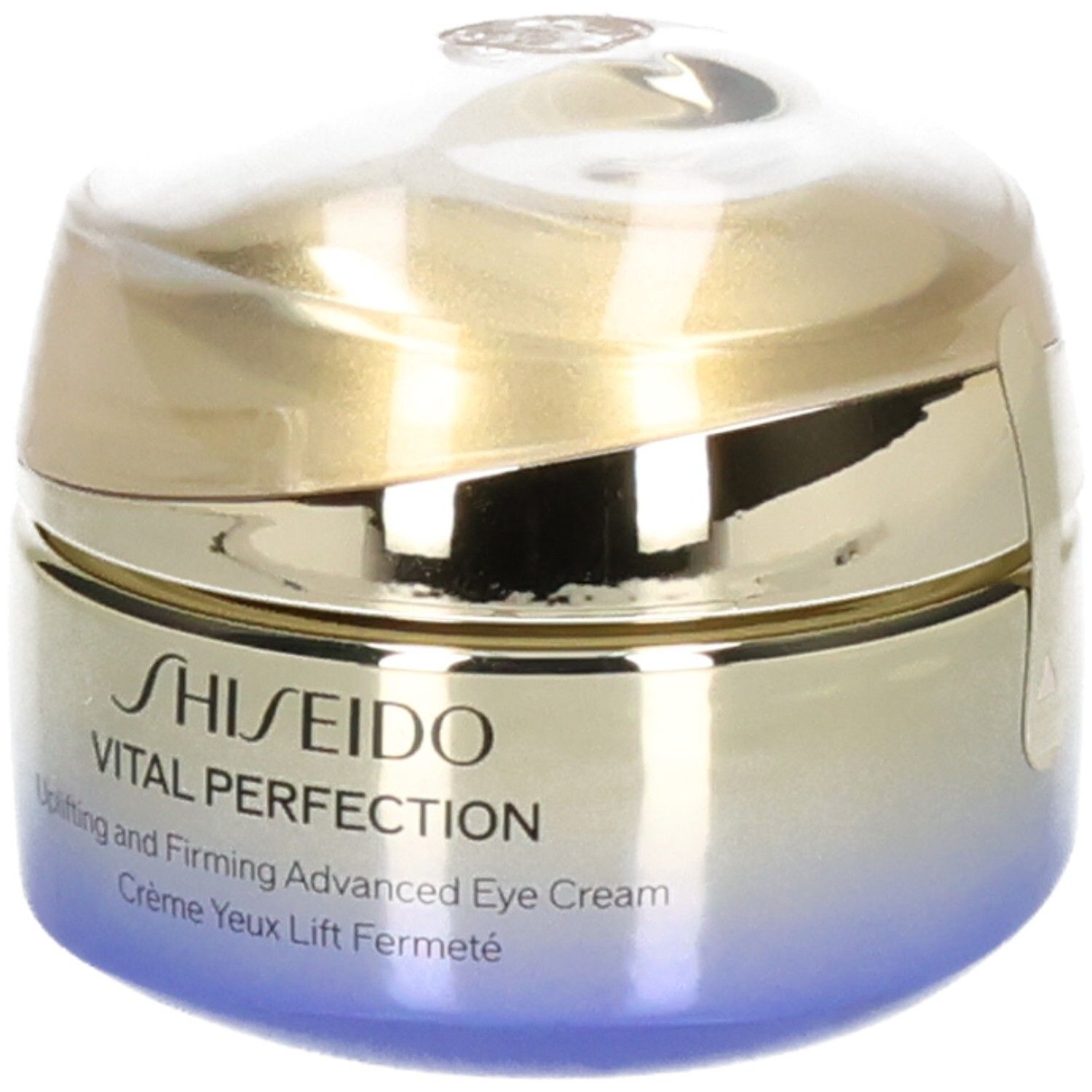 Pot Shiseido Vital Perfection pour les yeux, couvercle doré, corps dégradé bleu.