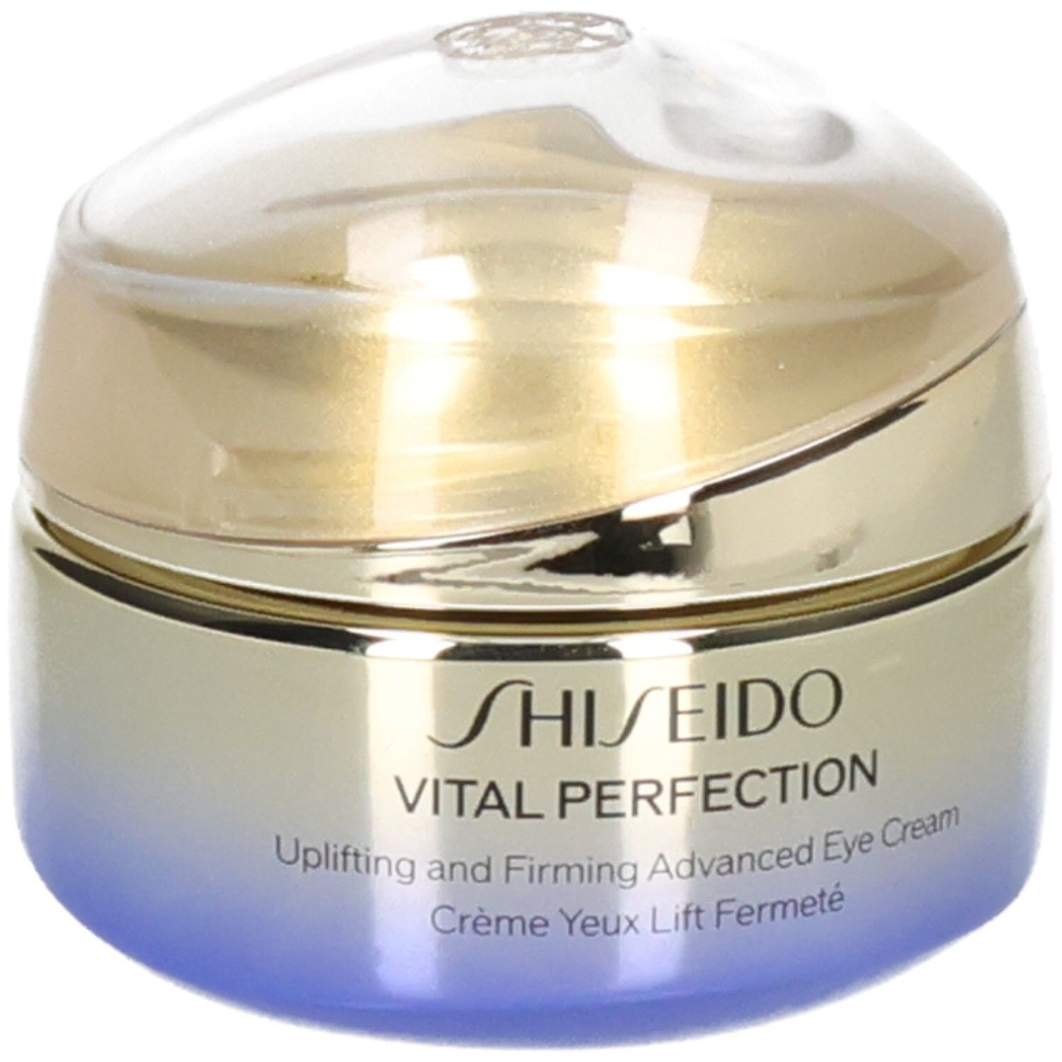 Pot Shiseido Vital Perfection pour les yeux, couvercle doré, corps dégradé bleu.