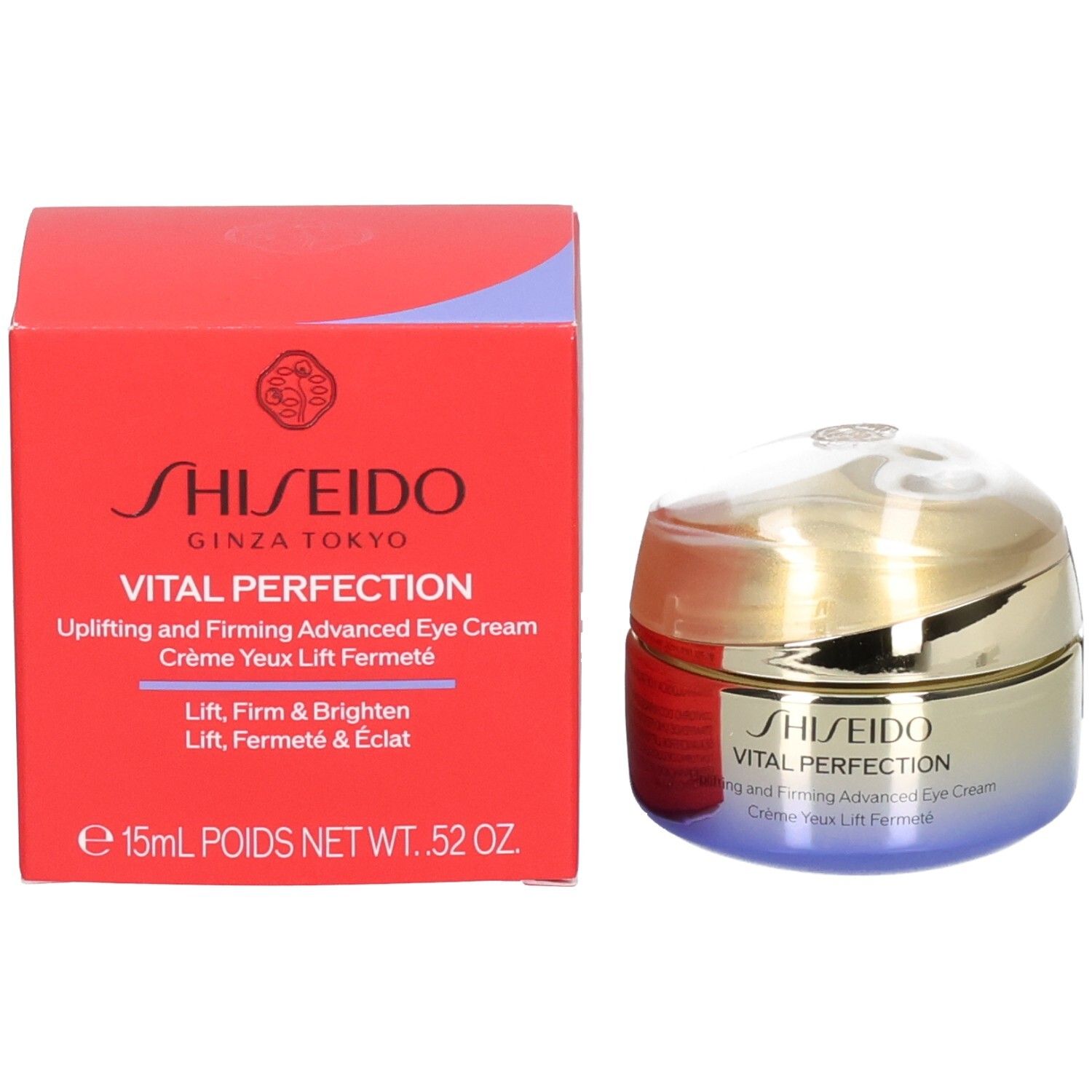 Pot Shiseido Vital Perfection pour les yeux et emballage, boîte rouge, couvercle doré.