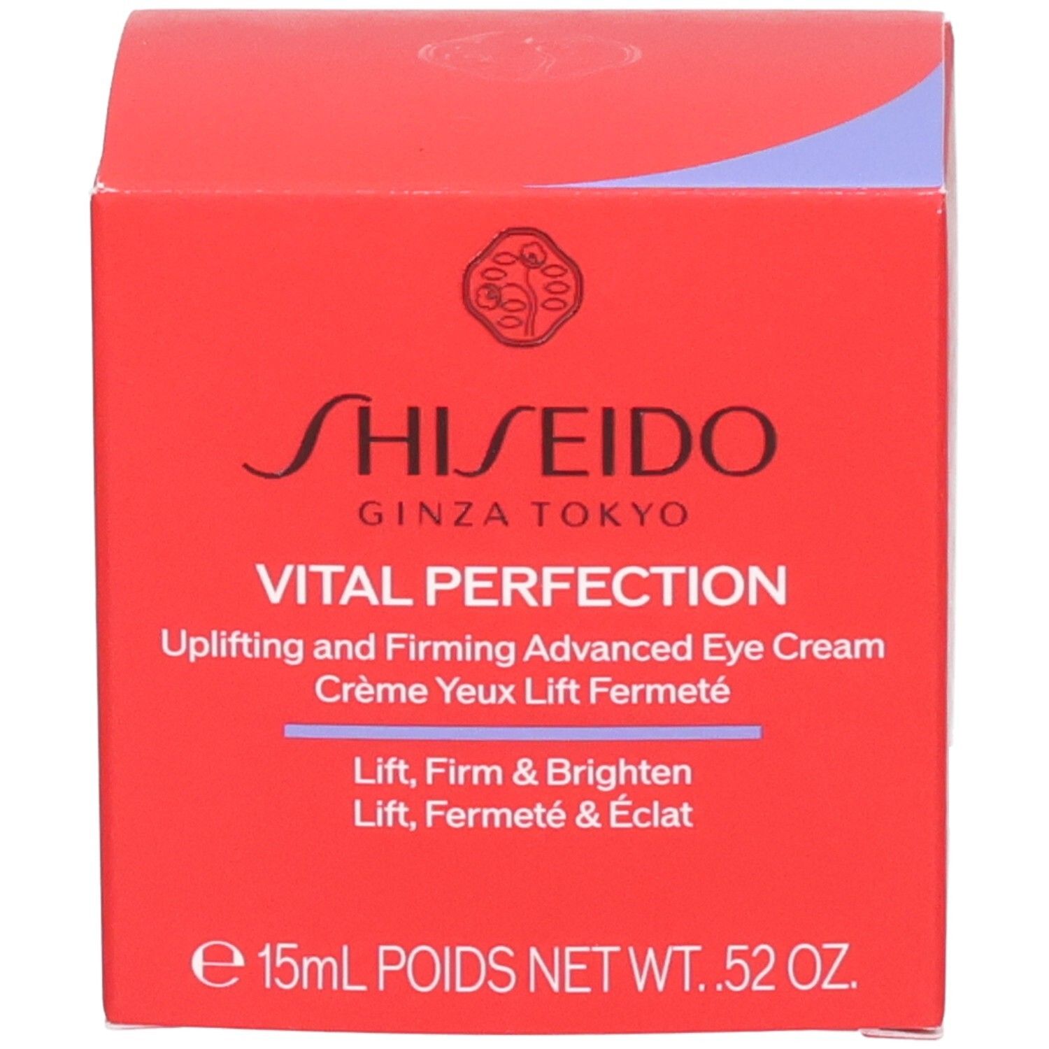 Emballage Shiseido Vital Perfection pour les yeux, boîte rouge avec informations produit.