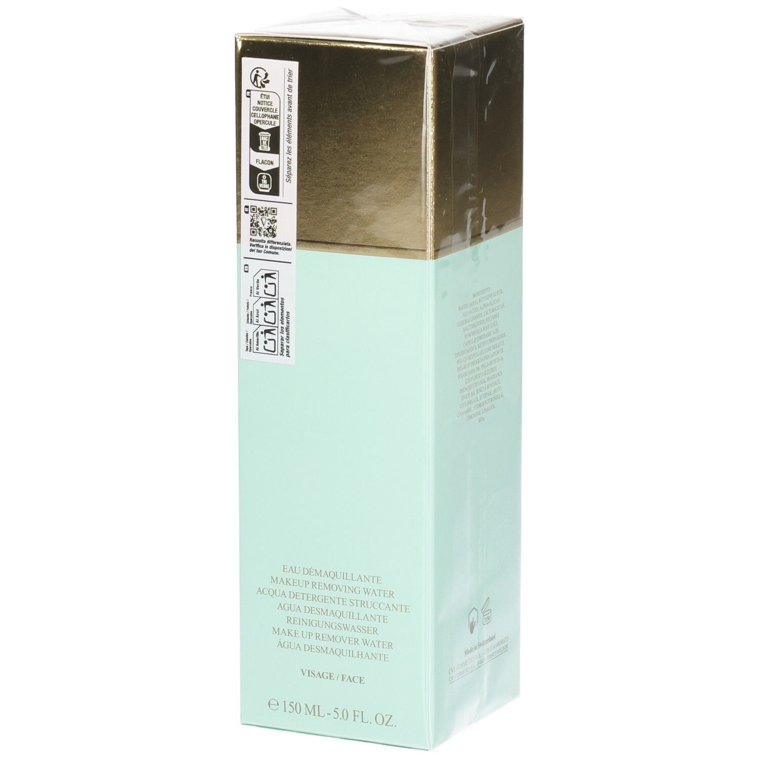 Emballage Valmont Aqua Falls avec sceaux et informations produit. Corps menthe, dessus doré.