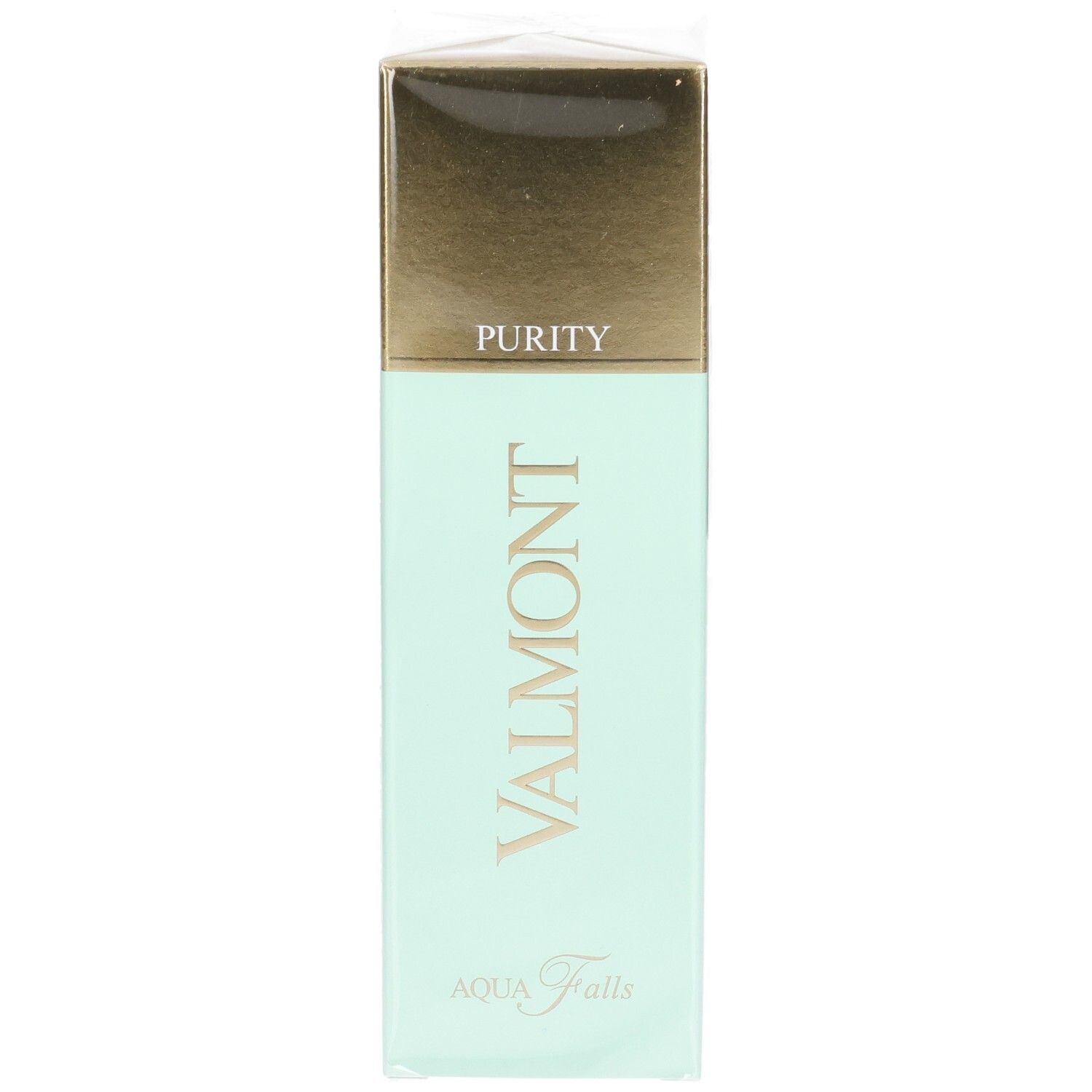 Emballage Valmont Aqua Falls avec corps menthe et dessus doré. Contient le texte 'PURITY'.