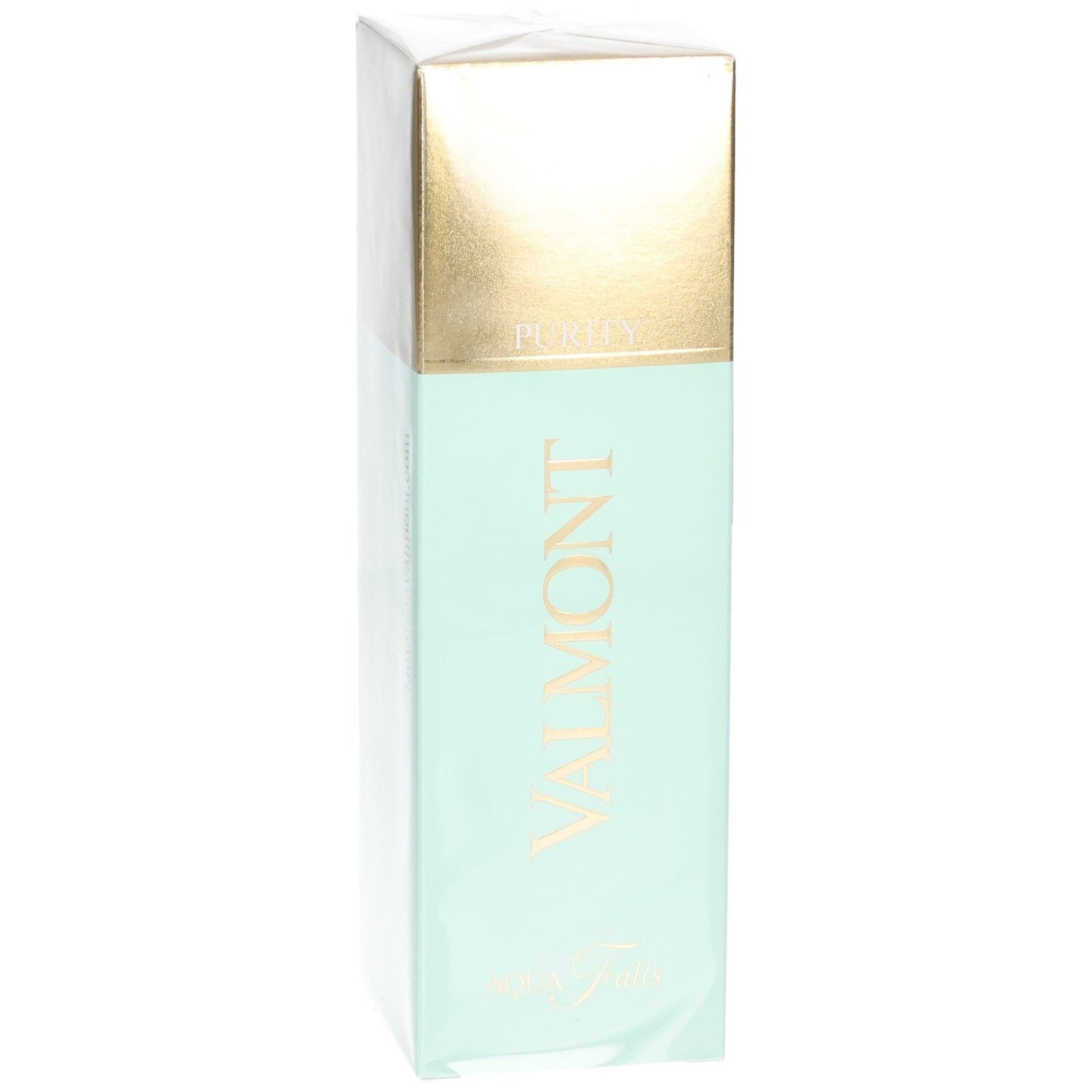 Emballage Valmont Aqua Falls avec corps menthe et dessus doré. Contient le texte 'PURITY'.