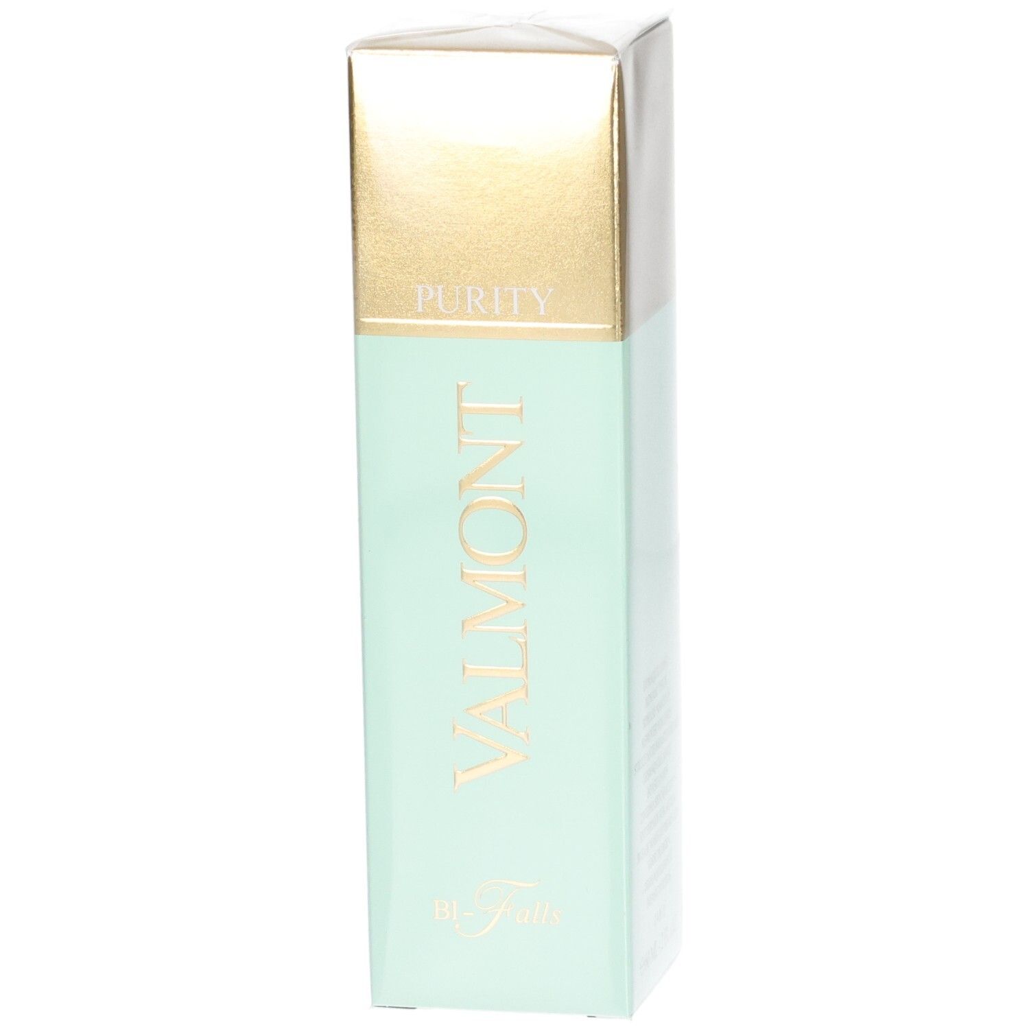 Emballage cosmétique Valmont Purity Bi-Falls avec capuchon doré et corps vert menthe.