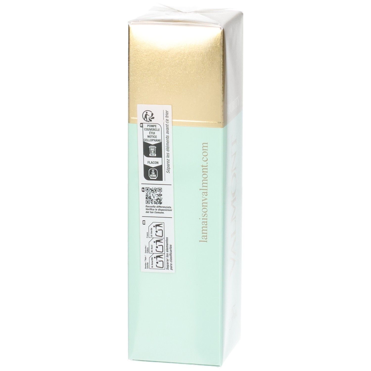 Dos de l'emballage Valmont Purity Bi-Falls avec symboles environnementaux et code QR.