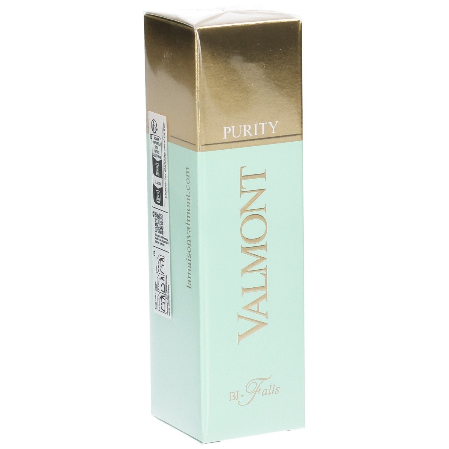 Emballage cosmétique Valmont Purity Bi-Falls avec capuchon doré et corps vert menthe.