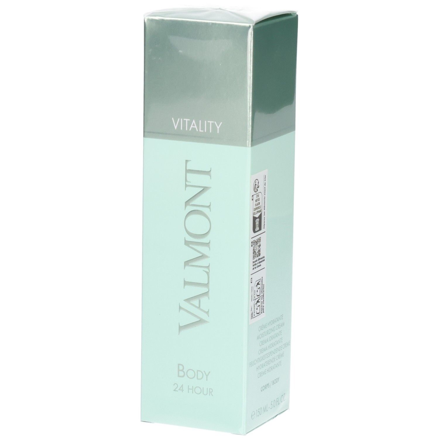 VALMONT Body 24 Hour hydraterende verzorging in mintgroene verpakking met zilverkleurige dop.