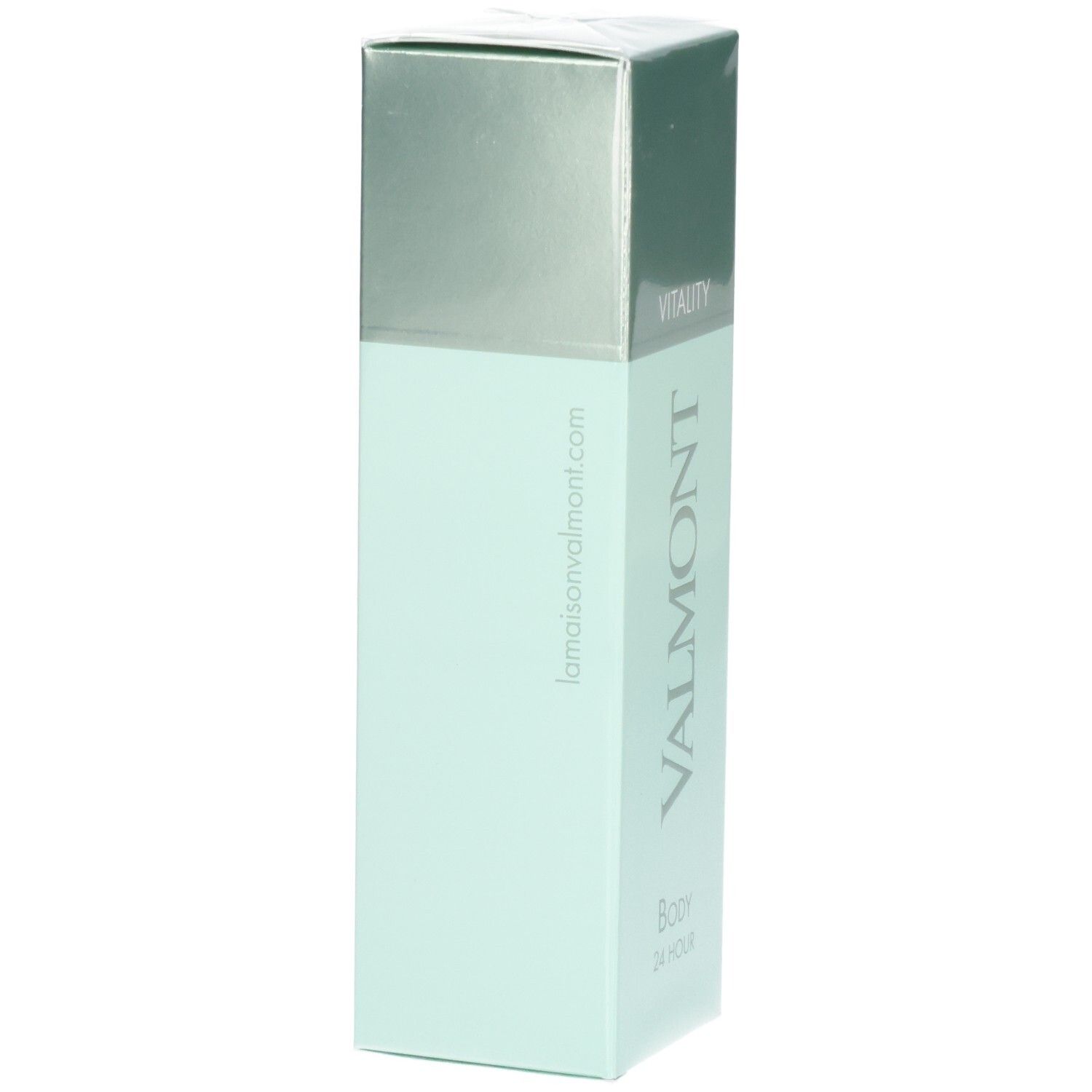 VALMONT Body 24 Hour hydraterende verzorging, mintgroene verpakking met zilverkleurige dop en website.