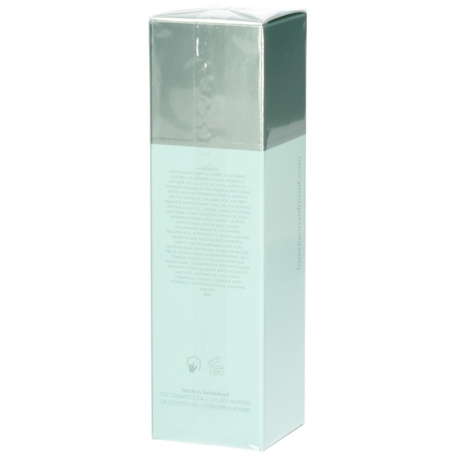 Achterkant van de VALMONT Body 24 Hour hydraterende verzorgingsverpakking met ingrediënten en zegels.