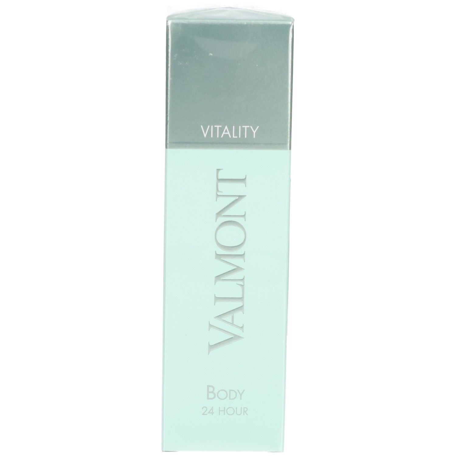 VALMONT Body 24 Hour hydraterende verzorging, mintgroene verpakking met zilverkleurige dop en 'VITALITY'.