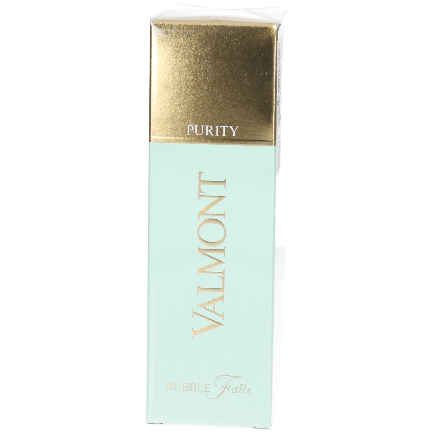 Valmont Bubble Falls verpakking met gouden dop en mintgroen lichaam.