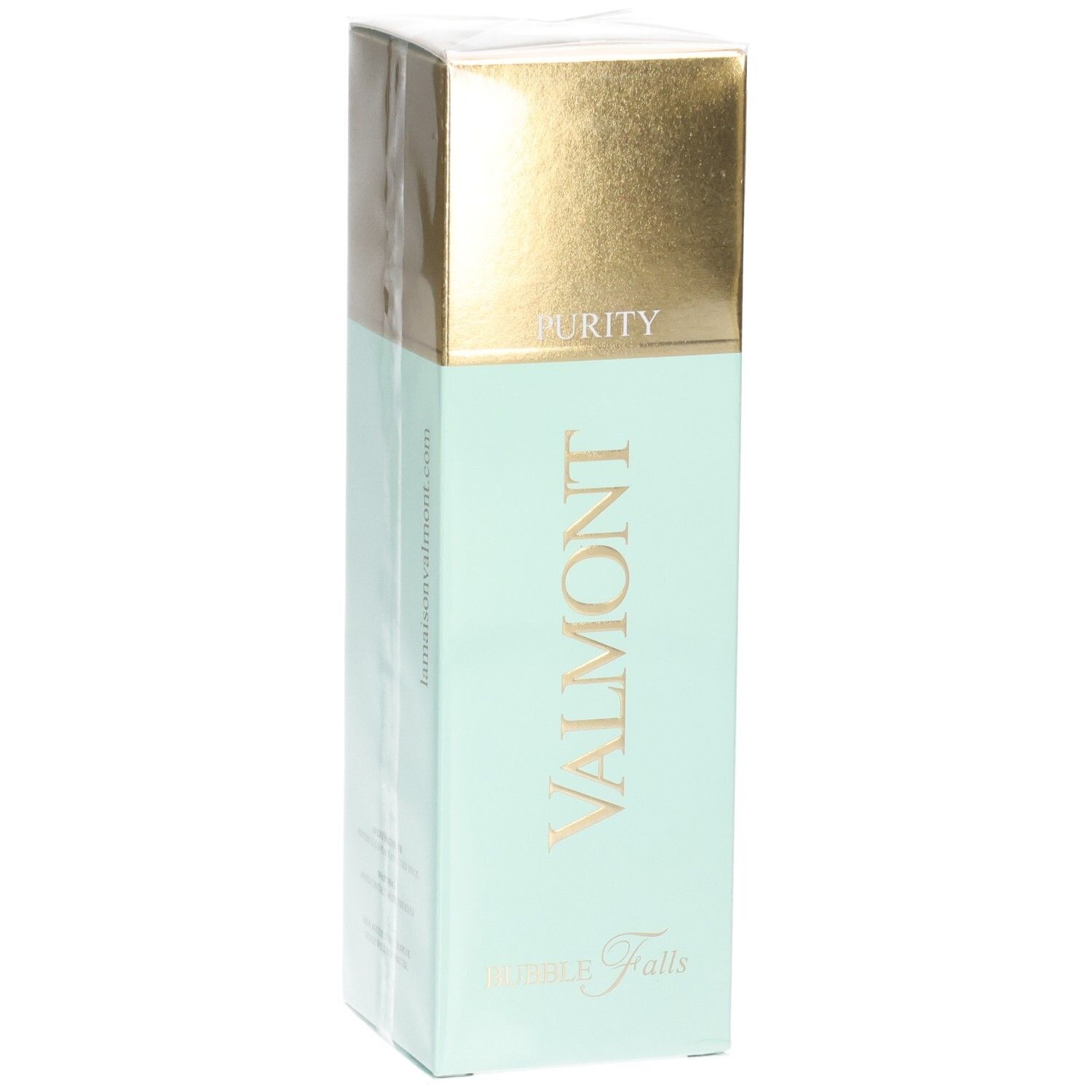 Valmont Bubble Falls verpakking met gouden dop, mintgroen lichaam en productnaam.