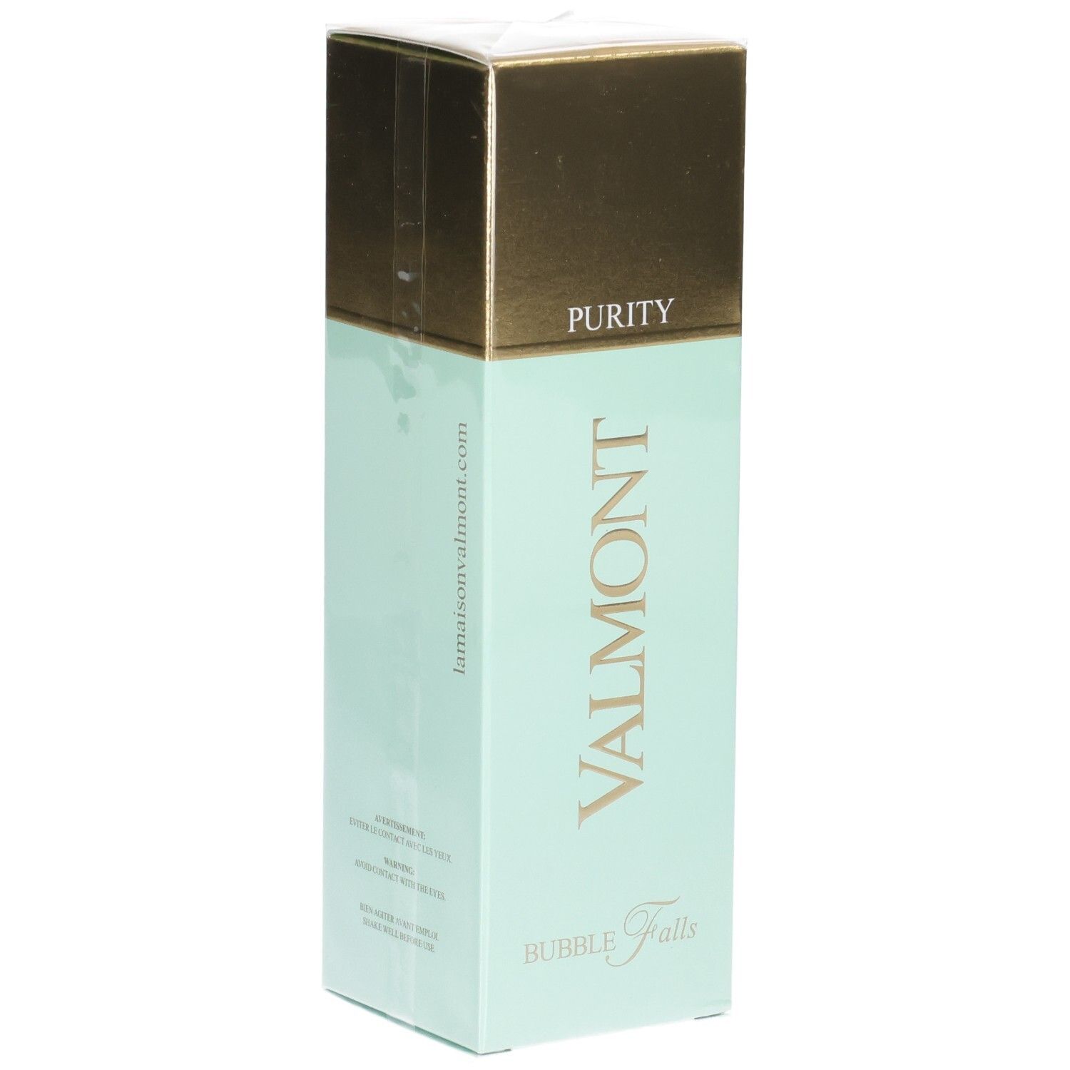Valmont Bubble Falls verpakking met gouden dop, mintgroen lichaam en website.