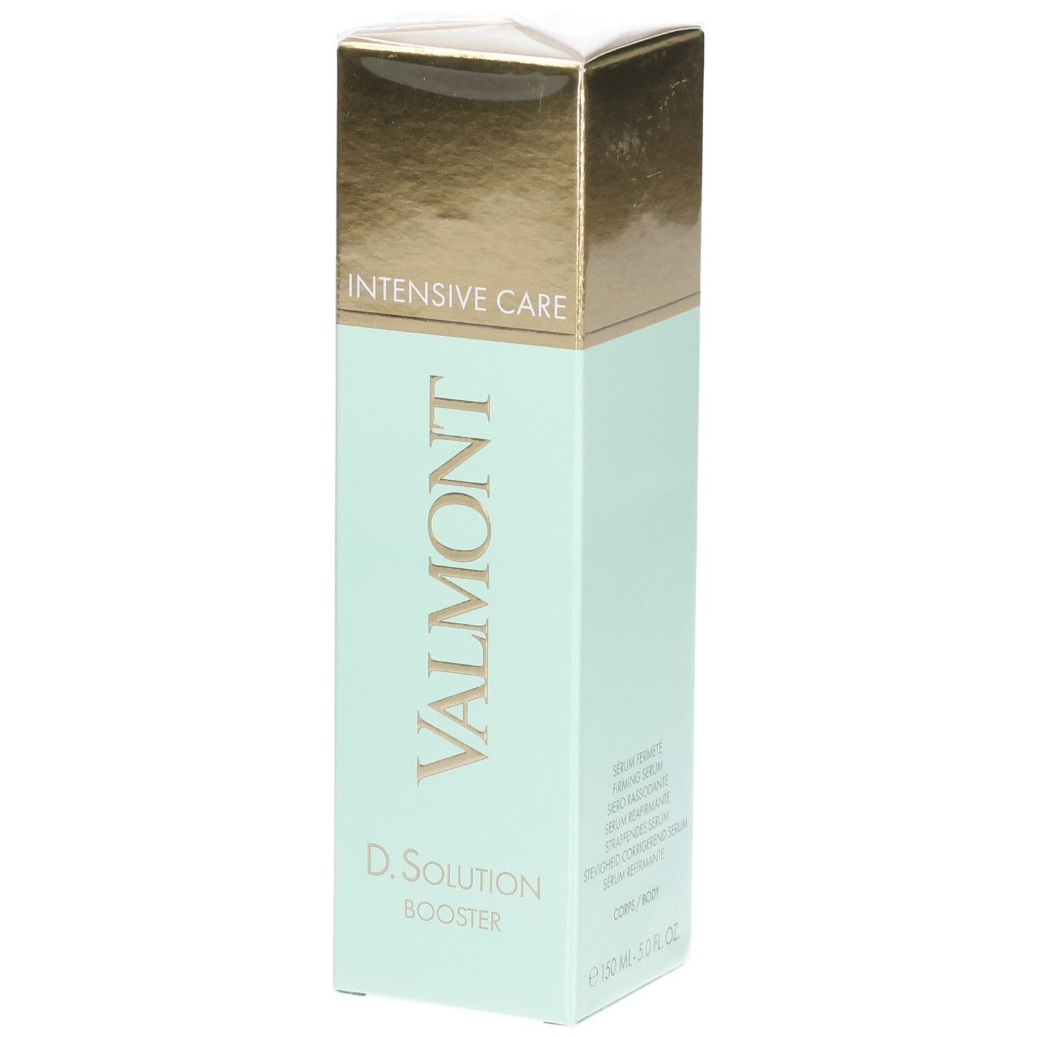 Flacon VALMONT D. Solution Booster Intensive Care vert pâle et doré.