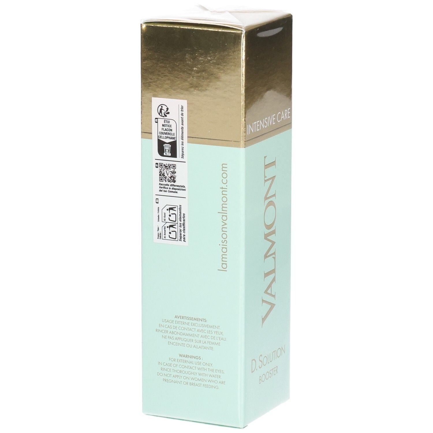 Flacon VALMONT D. Solution Booster Intensive Care, vue latérale avec sceaux.