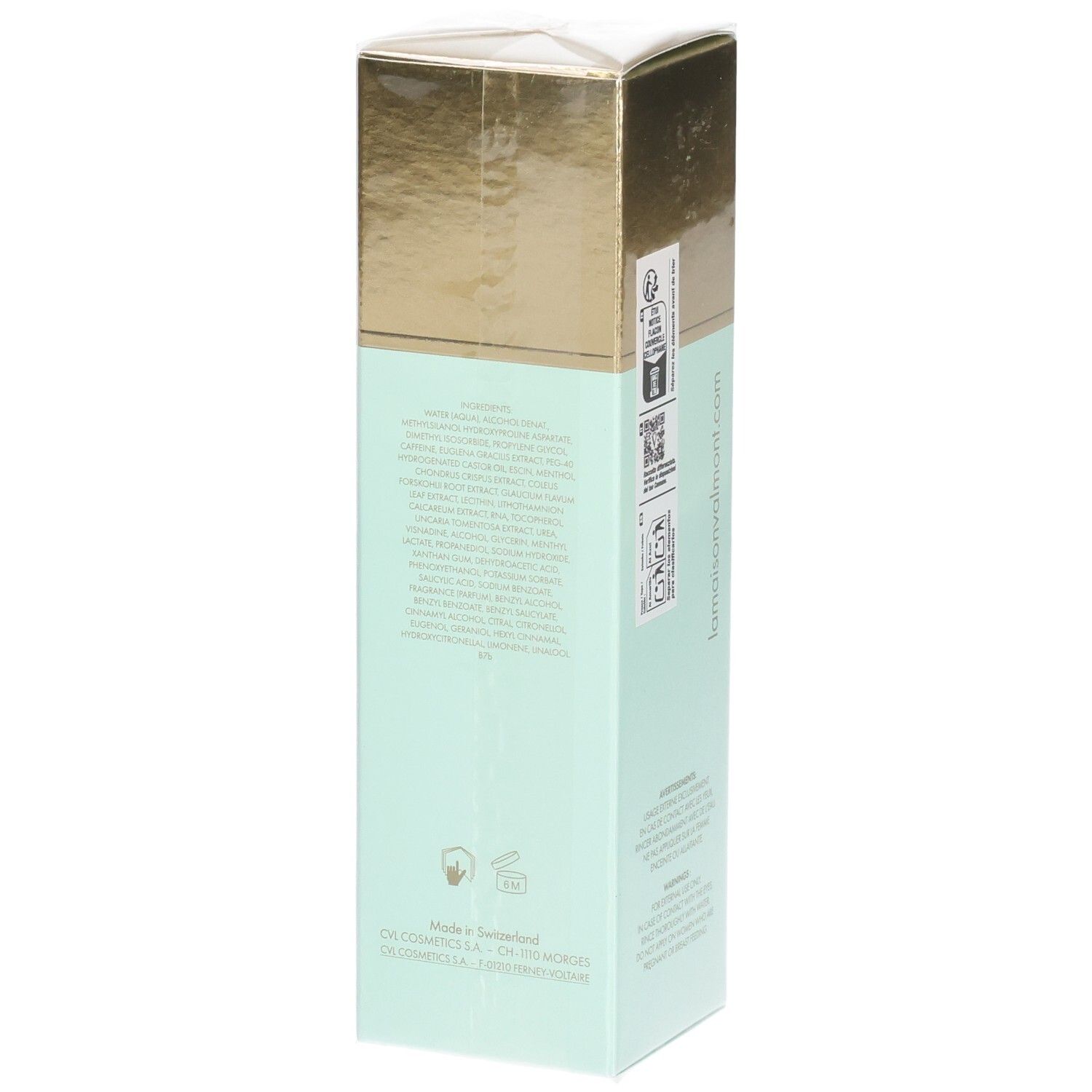 Flacon VALMONT D. Solution Booster Intensive Care, verso avec liste d'ingrédients.