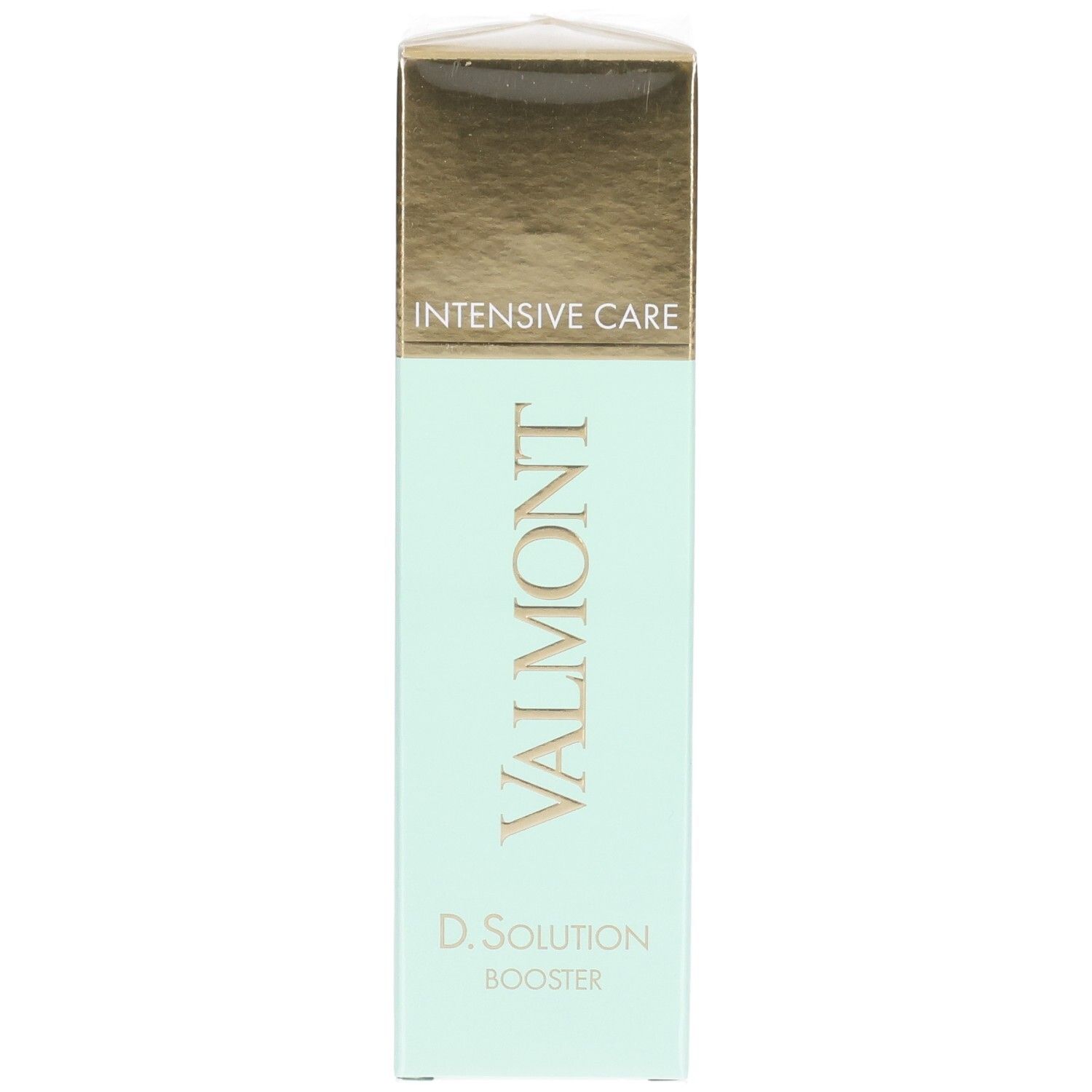 Flacon VALMONT D. Solution Booster Intensive Care vert pâle et doré.
