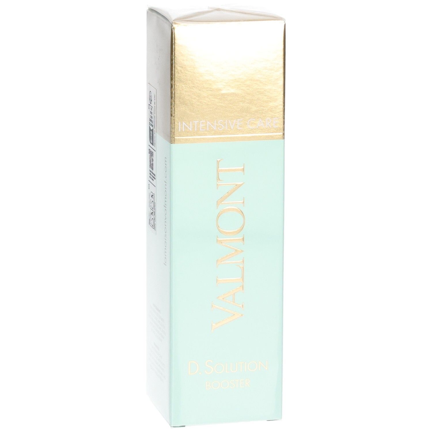 Flacon VALMONT D. Solution Booster Intensive Care vert pâle et doré.