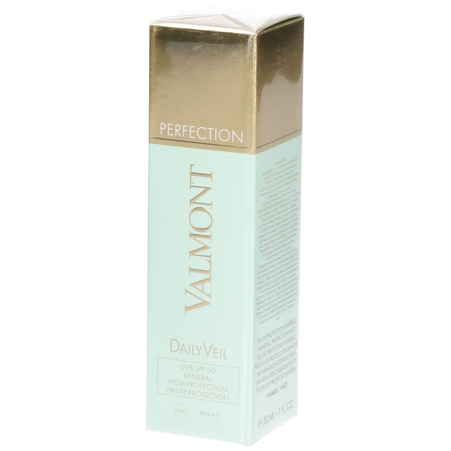 VALMONT Daily Veil SPF30 Crème solaire minérale, emballage vert pâle avec capuchon doré.