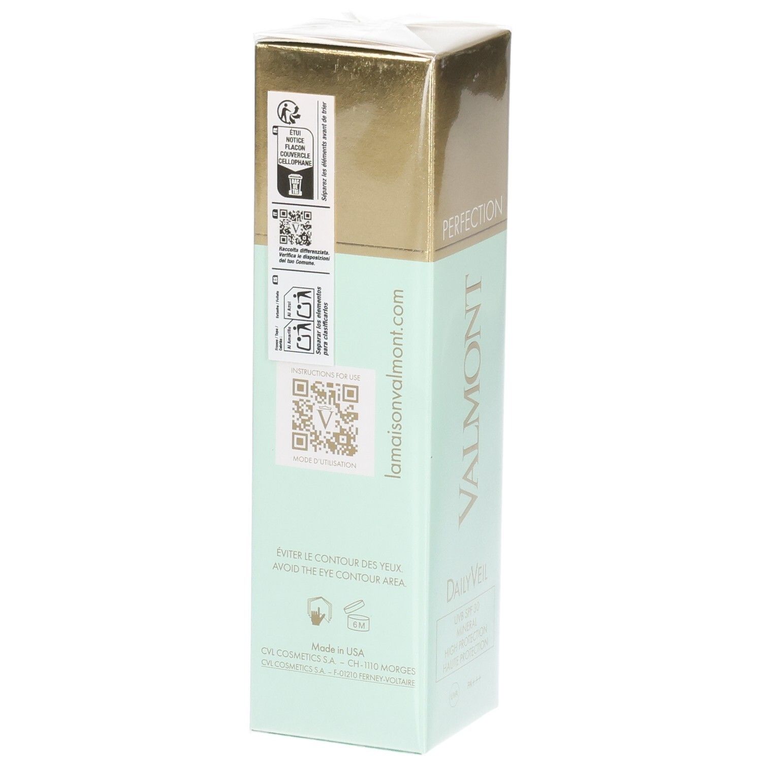 VALMONT Daily Veil SPF30 Arrière de l'emballage avec codes QR et indication du site web.