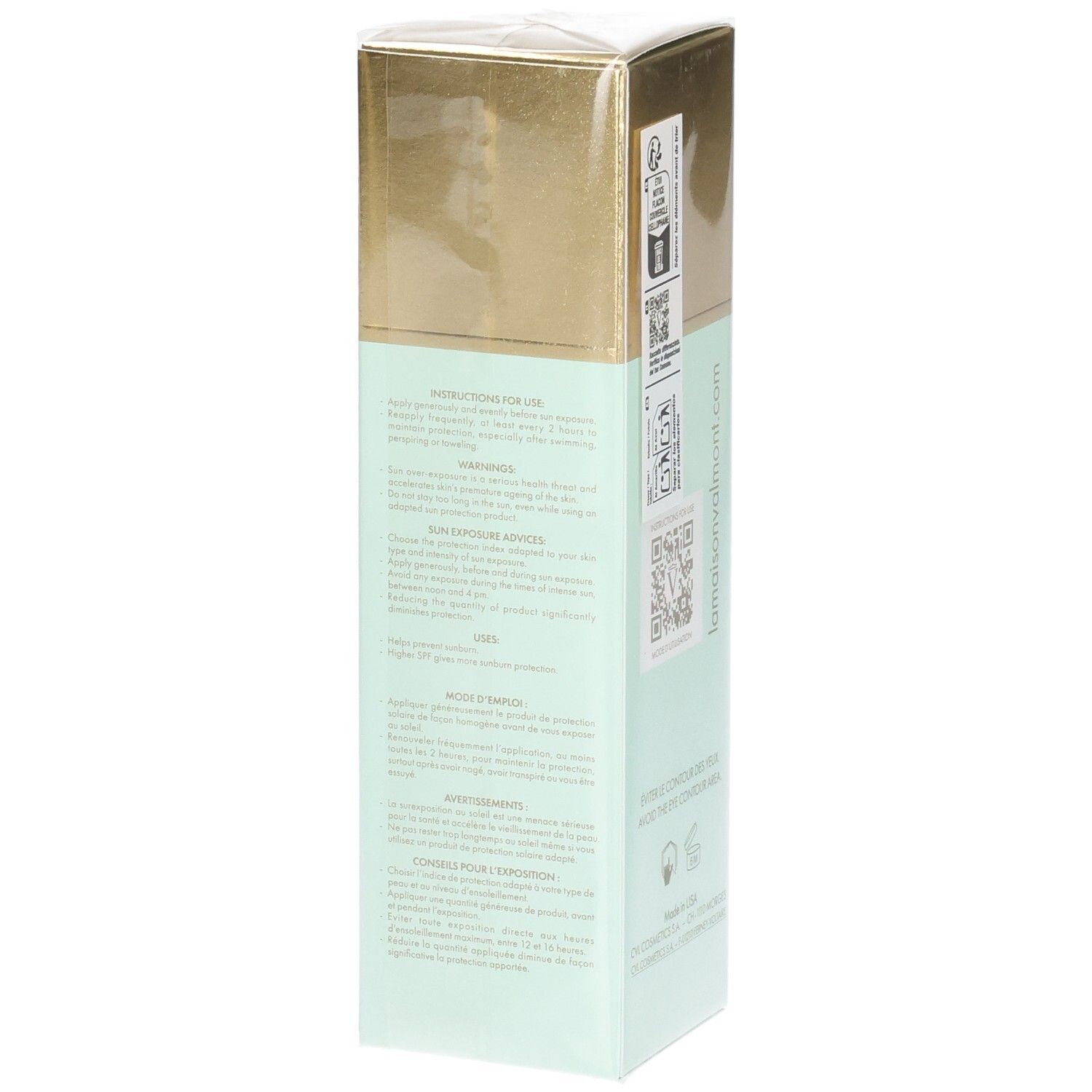 VALMONT Daily Veil SPF30 Emballage avec instructions d'utilisation et avertissements.