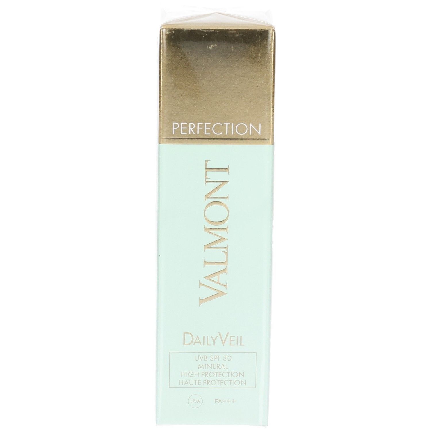 VALMONT Daily Veil SPF30 Crème solaire minérale, emballage vert pâle avec capuchon doré.