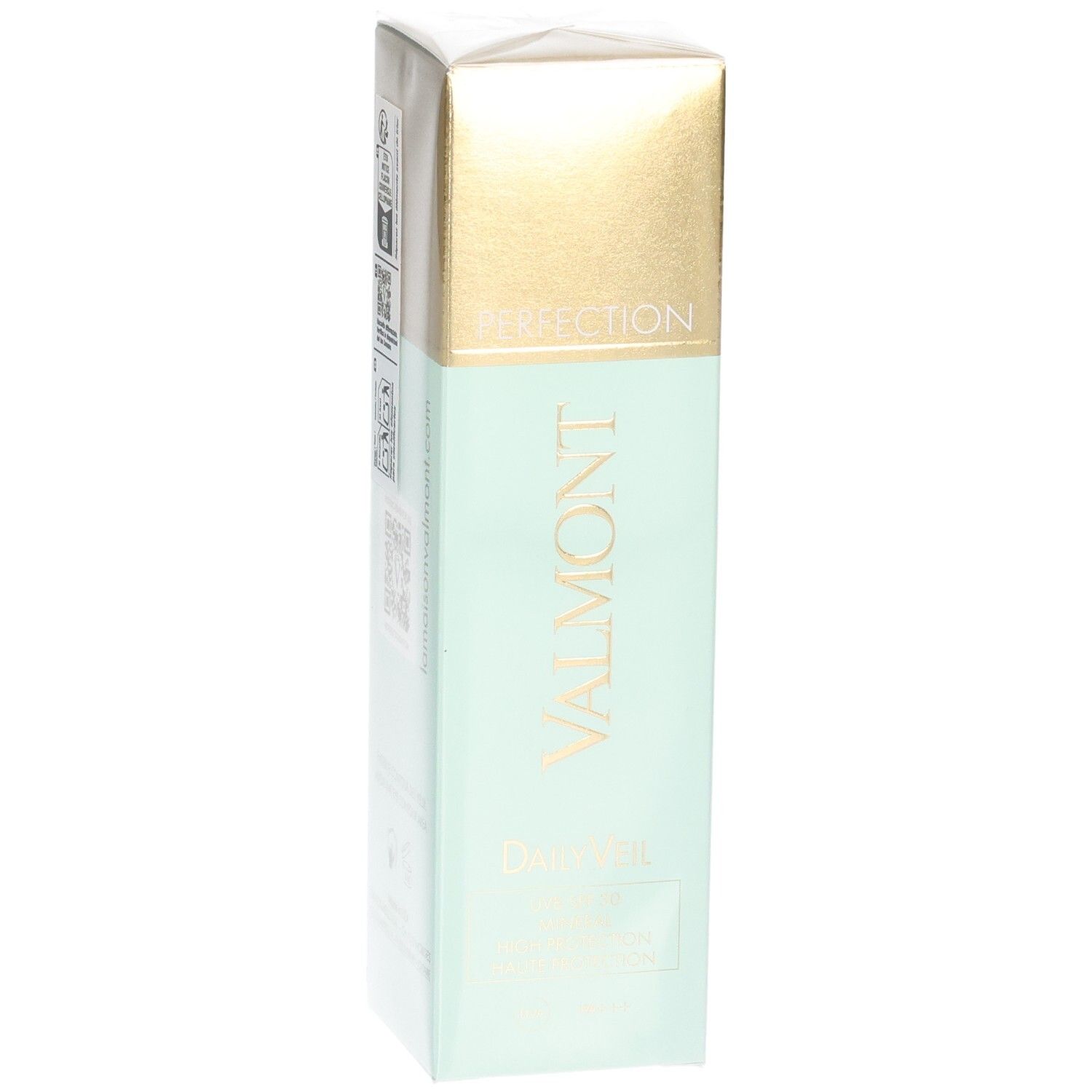 VALMONT Daily Veil SPF30 Crème solaire, emballage vert pâle avec capuchon doré.
