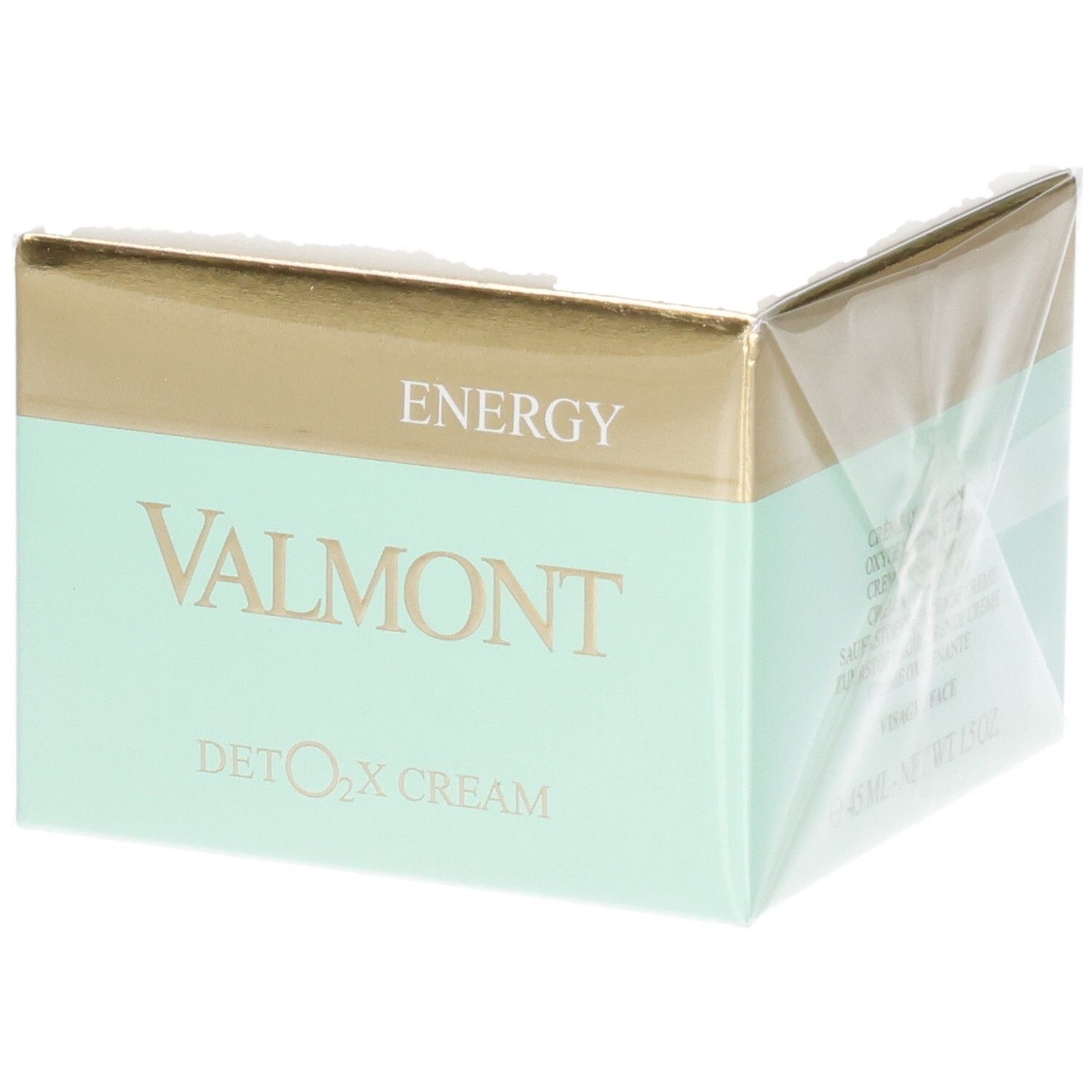 Emballage Valmont Deto2x Cream avec accents dorés et menthe.