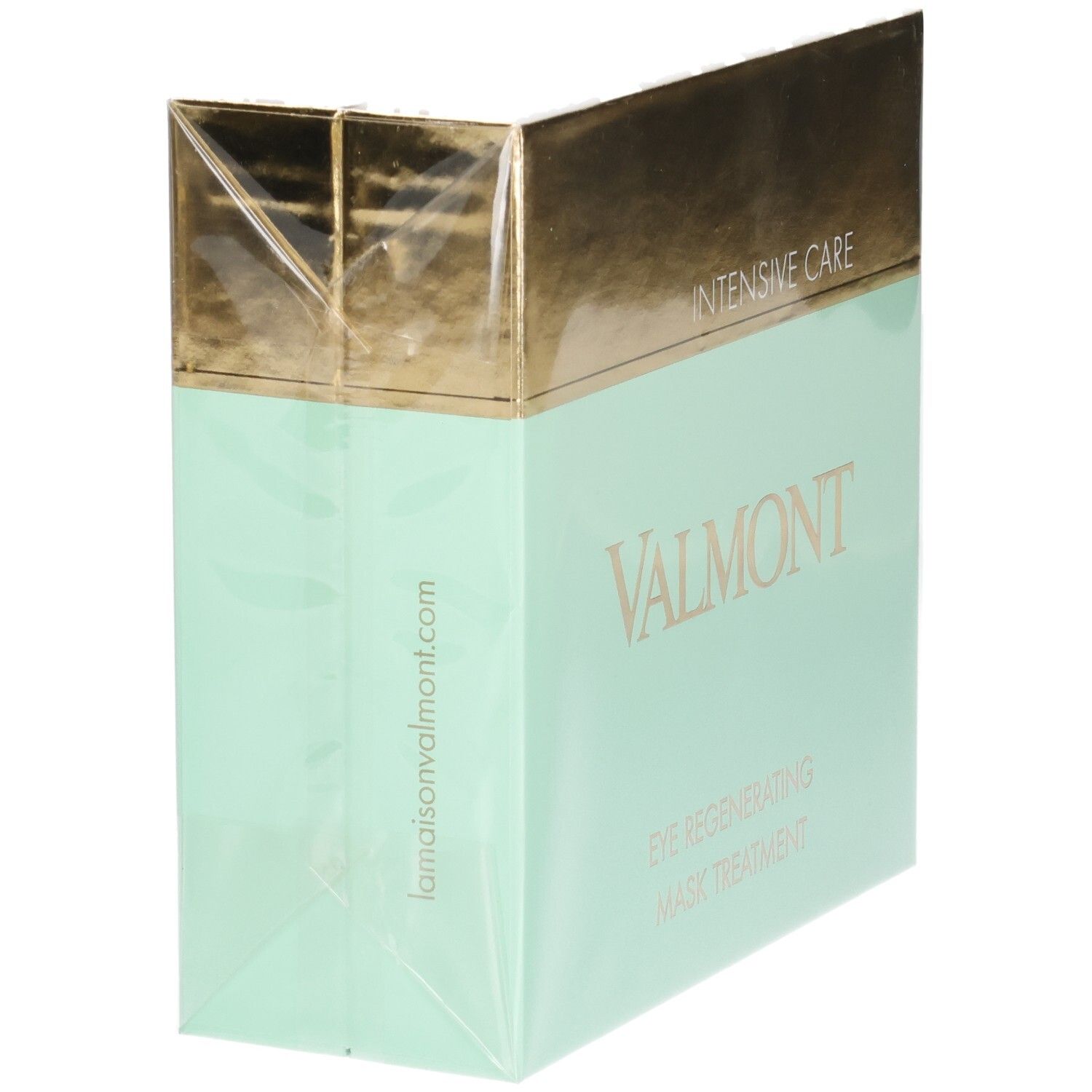 Valmont Oogmasker Behandeling Doos, zijaanzicht. Lamaisonvalmont.com. Gouden en mintgroene verpakking.