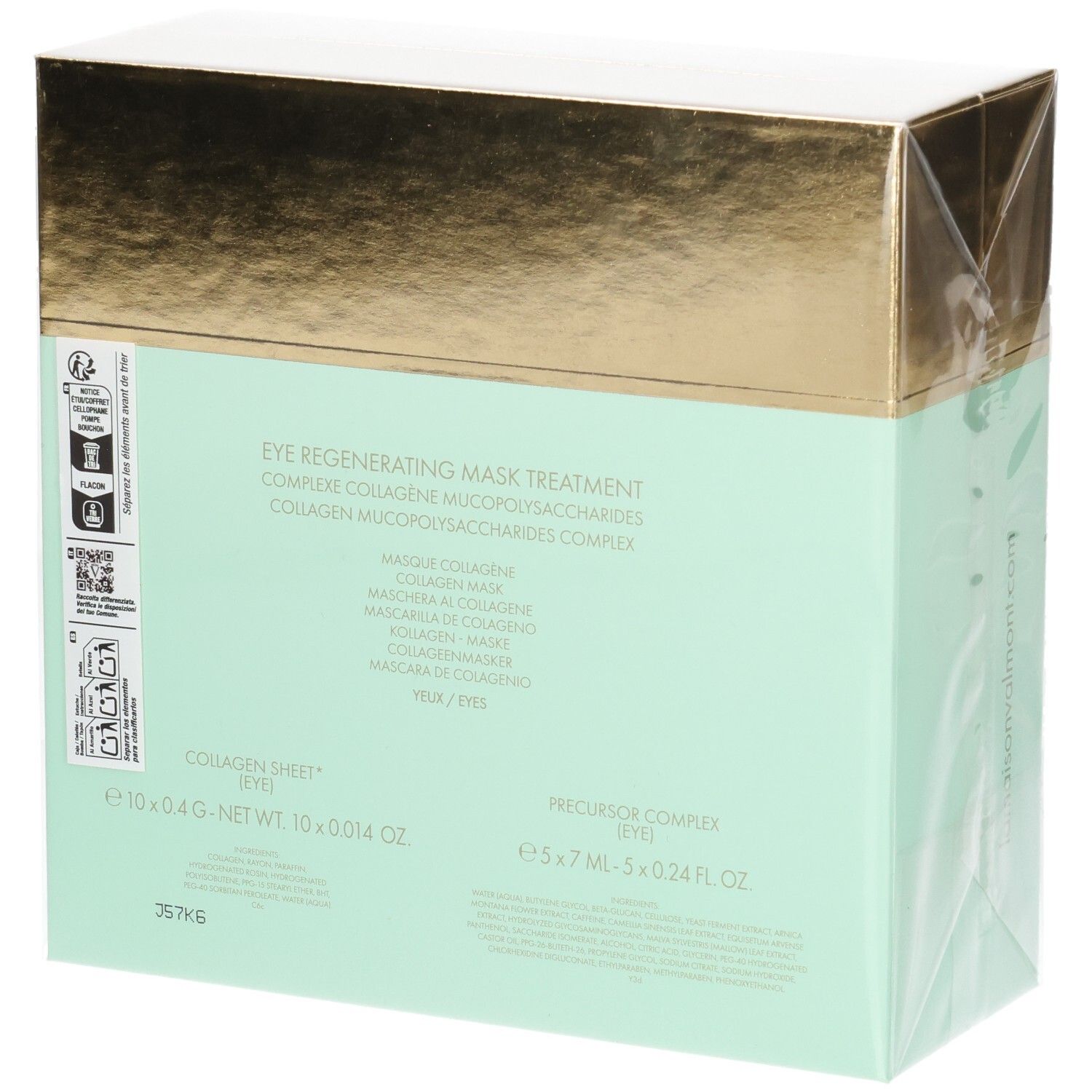 Valmont Oogmasker Behandeling Doos, achterkant. Bevat Collageen Sheet (Ogen) en Precursor Complex. Gouden en mintgroene verpakking.