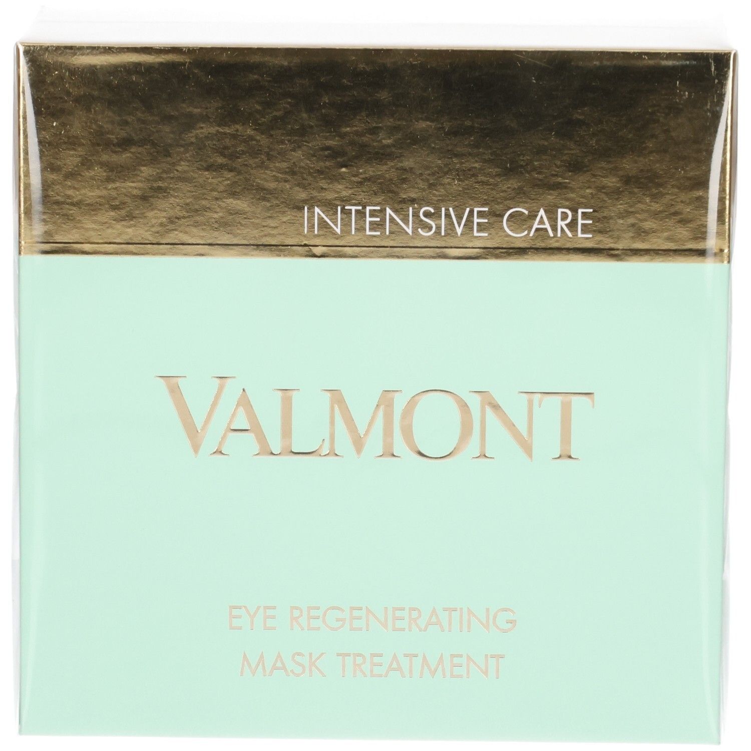 Valmont Oogmasker Behandeling Doos. Intensieve Verzorging. Gouden en mintgroene verpakking.