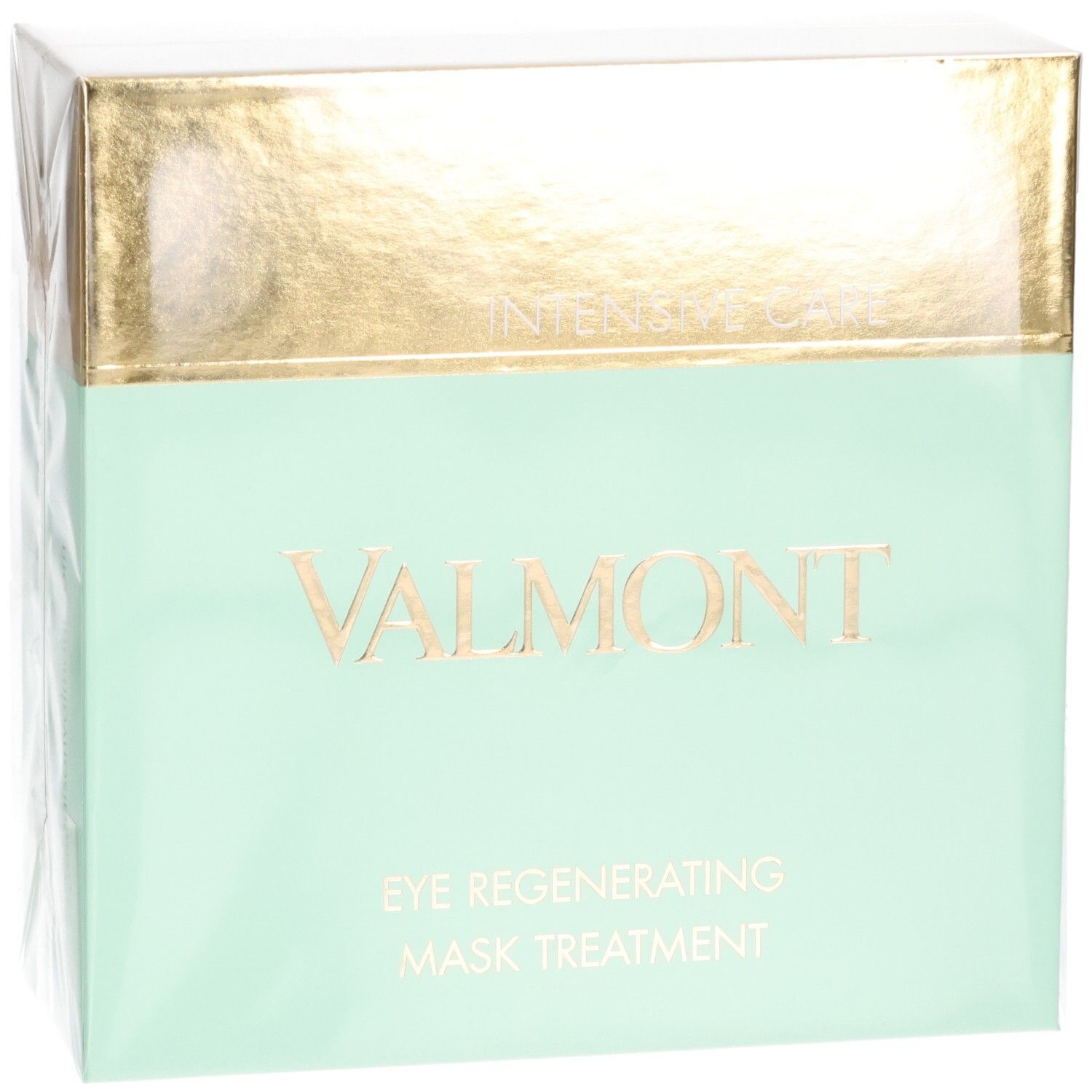 Valmont Oogmasker Behandeling Doos. Intensieve Verzorging. Gouden en mintgroene verpakking.