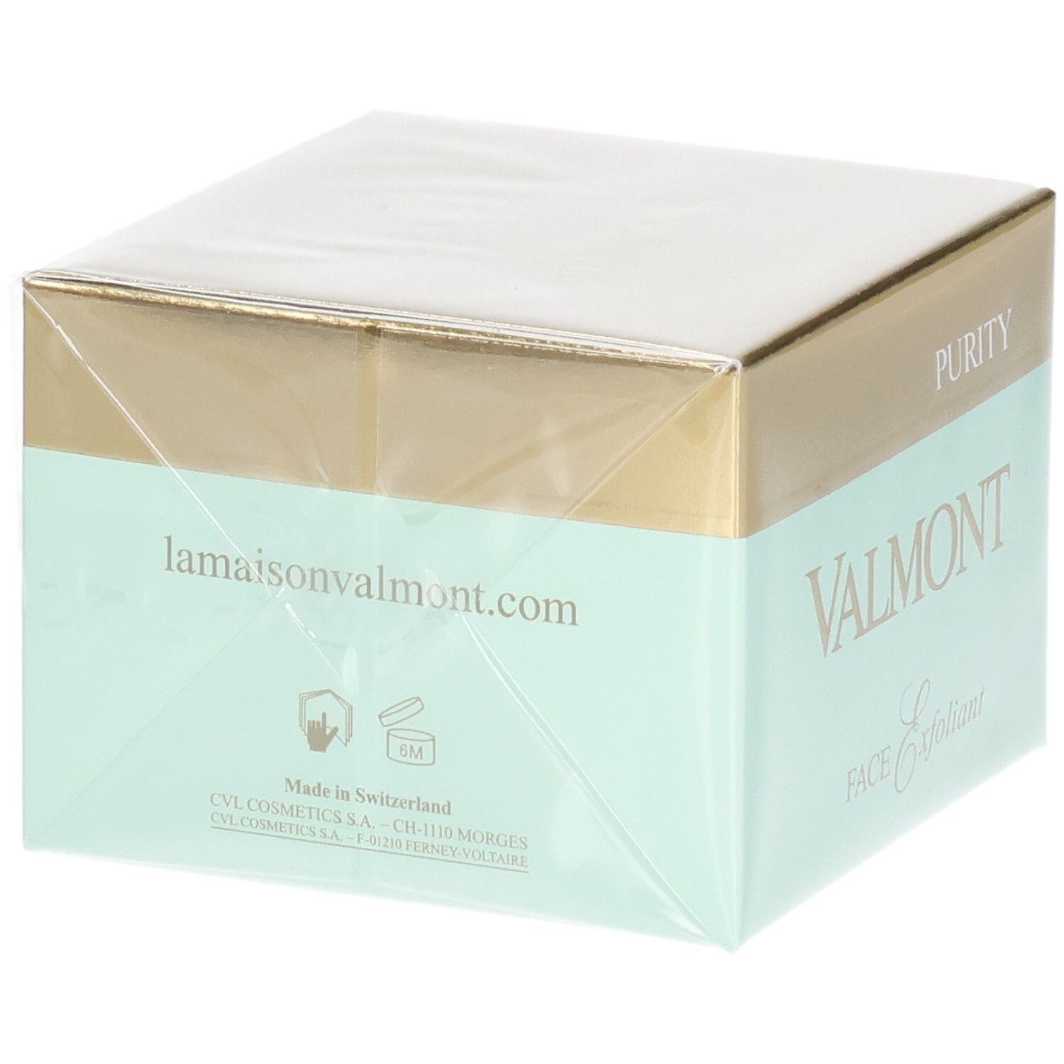 Emballage Valmont Purity Face Exfoliant Cream avec site web et indication d'origine.