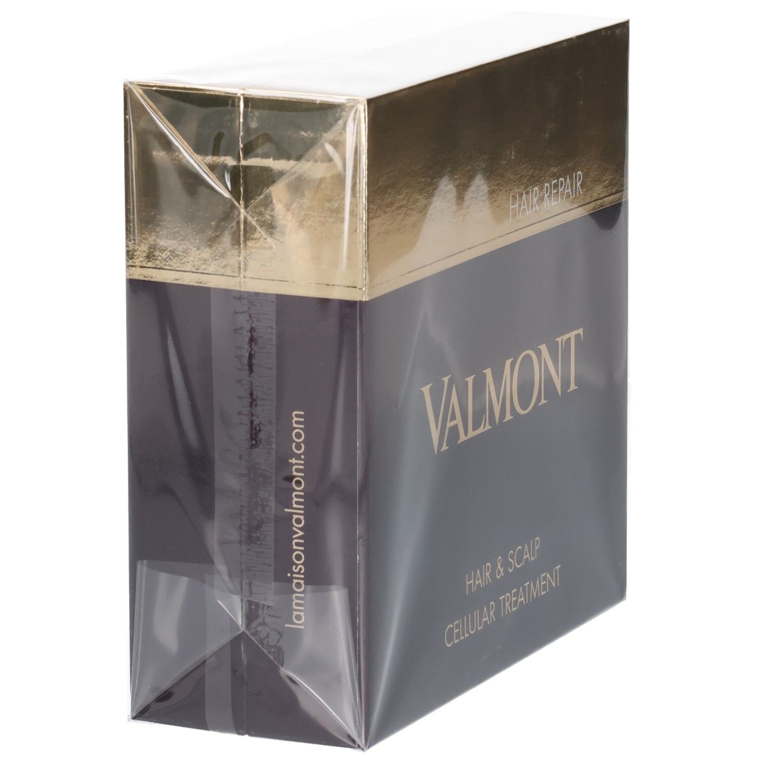 Boîte VALMONT Hair & Scalp Cellular Treatment, côté avec impression du site web.