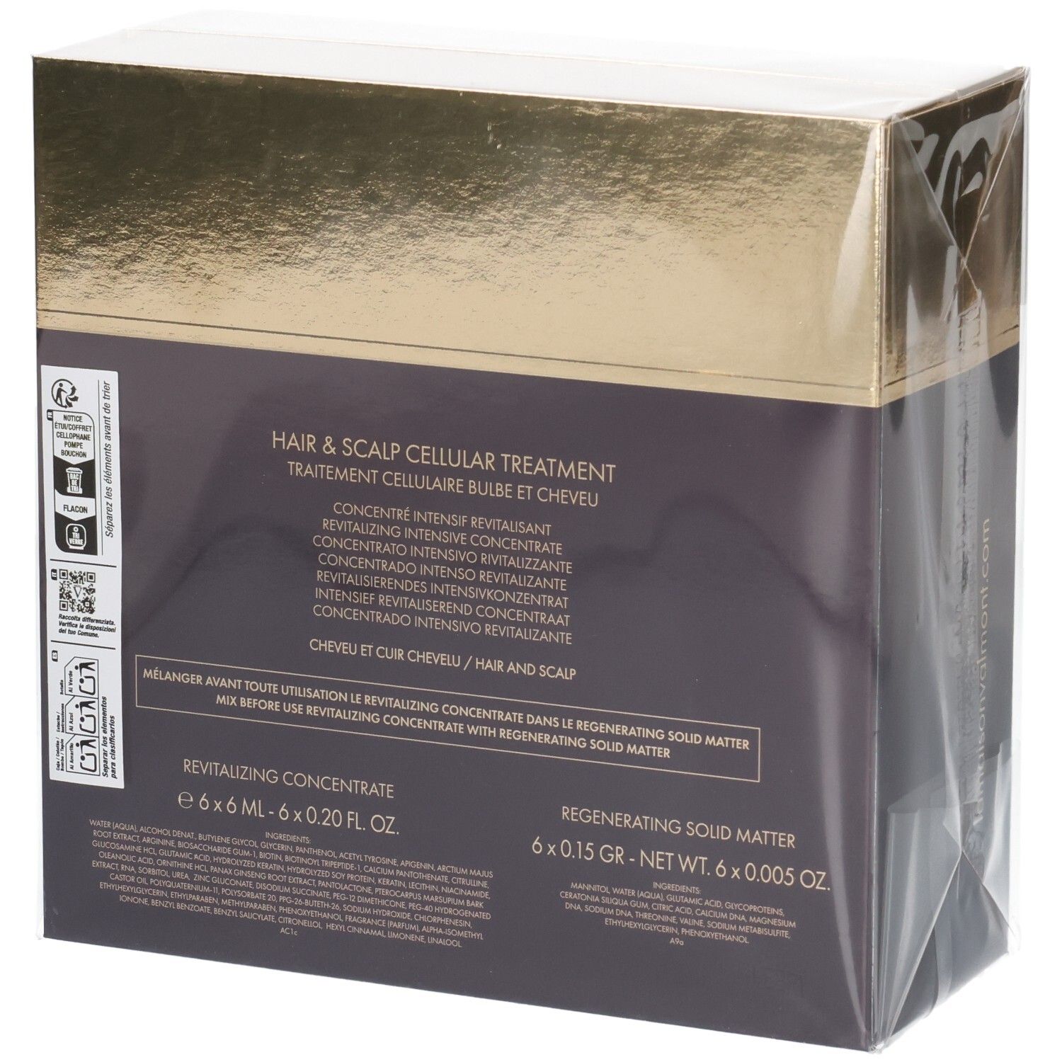 Arrière de la boîte VALMONT Hair & Scalp Cellular Treatment avec informations produit et sceaux.